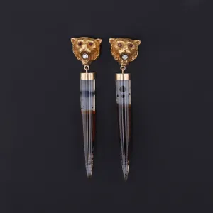 Montana Agate and Diamond Lion Conversion Earrings of 14k Gold