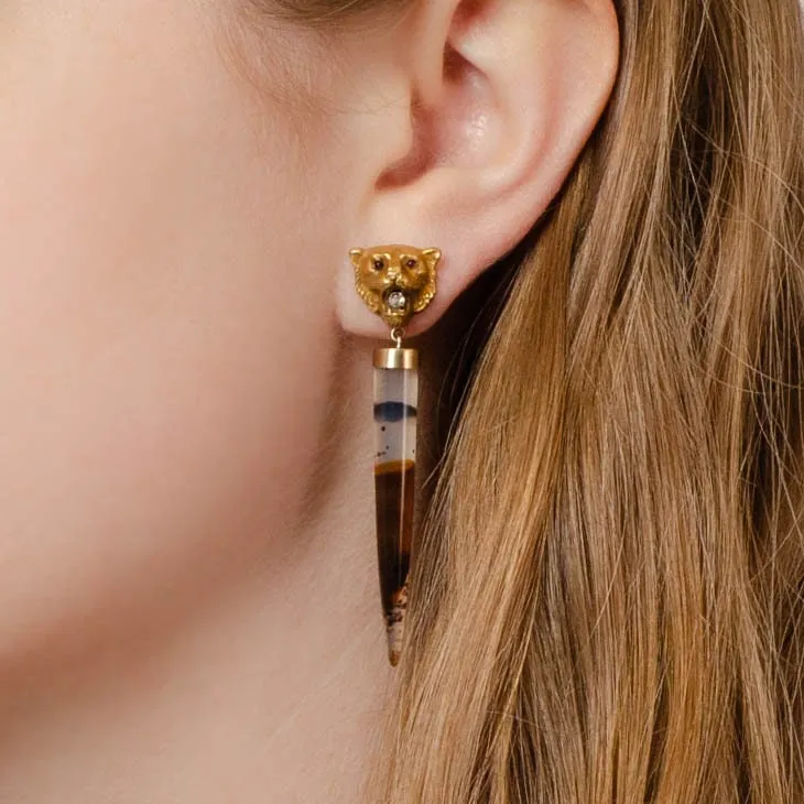 Montana Agate and Diamond Lion Conversion Earrings of 14k Gold