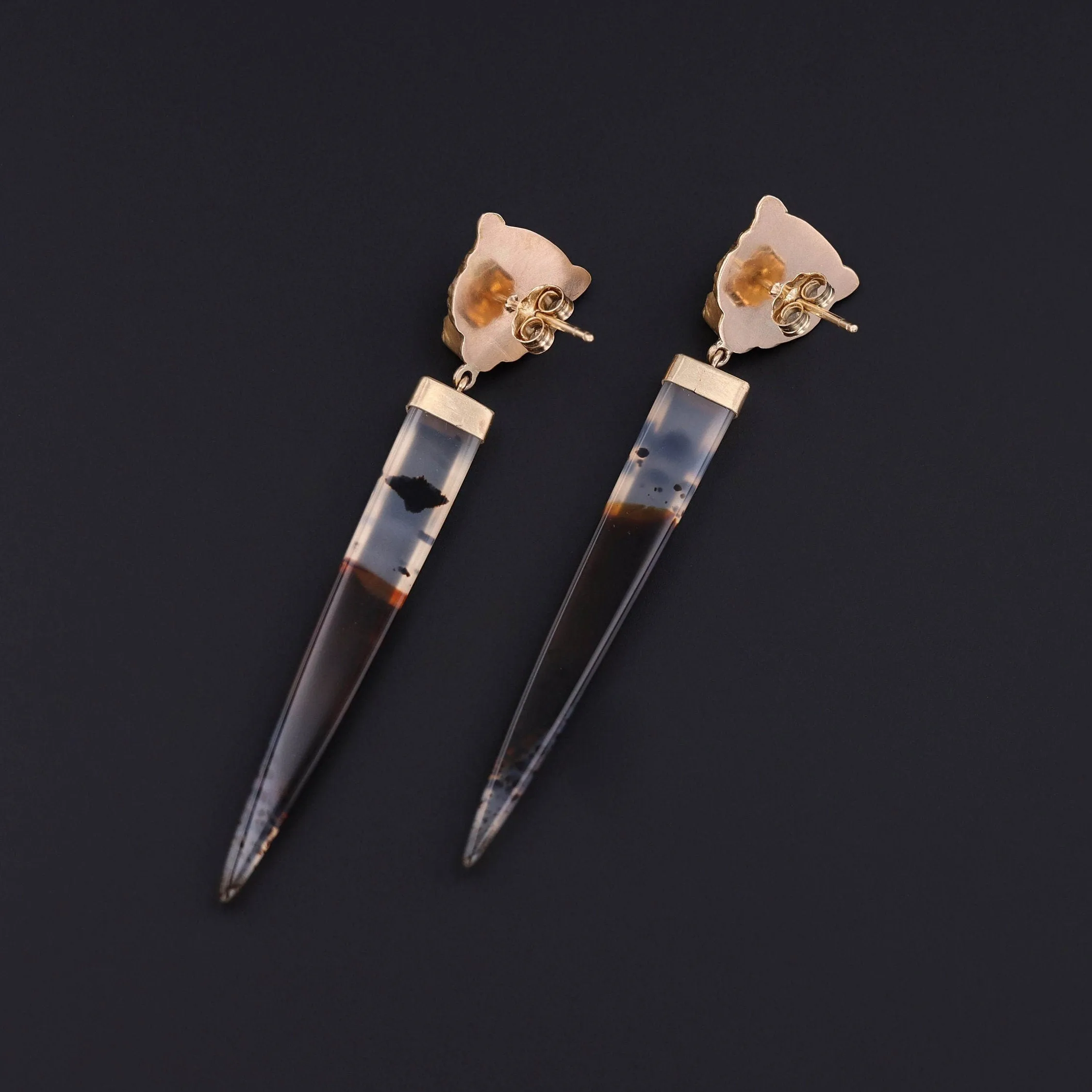 Montana Agate and Diamond Lion Conversion Earrings of 14k Gold
