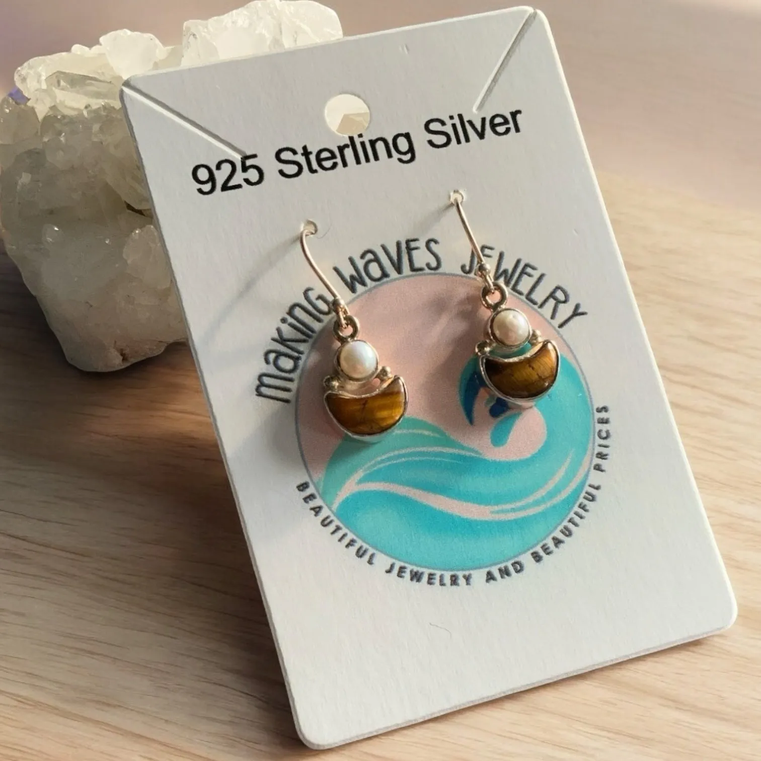 Moon Tigers Eye & Pearl Solid 925 Sterling Silver Earrings