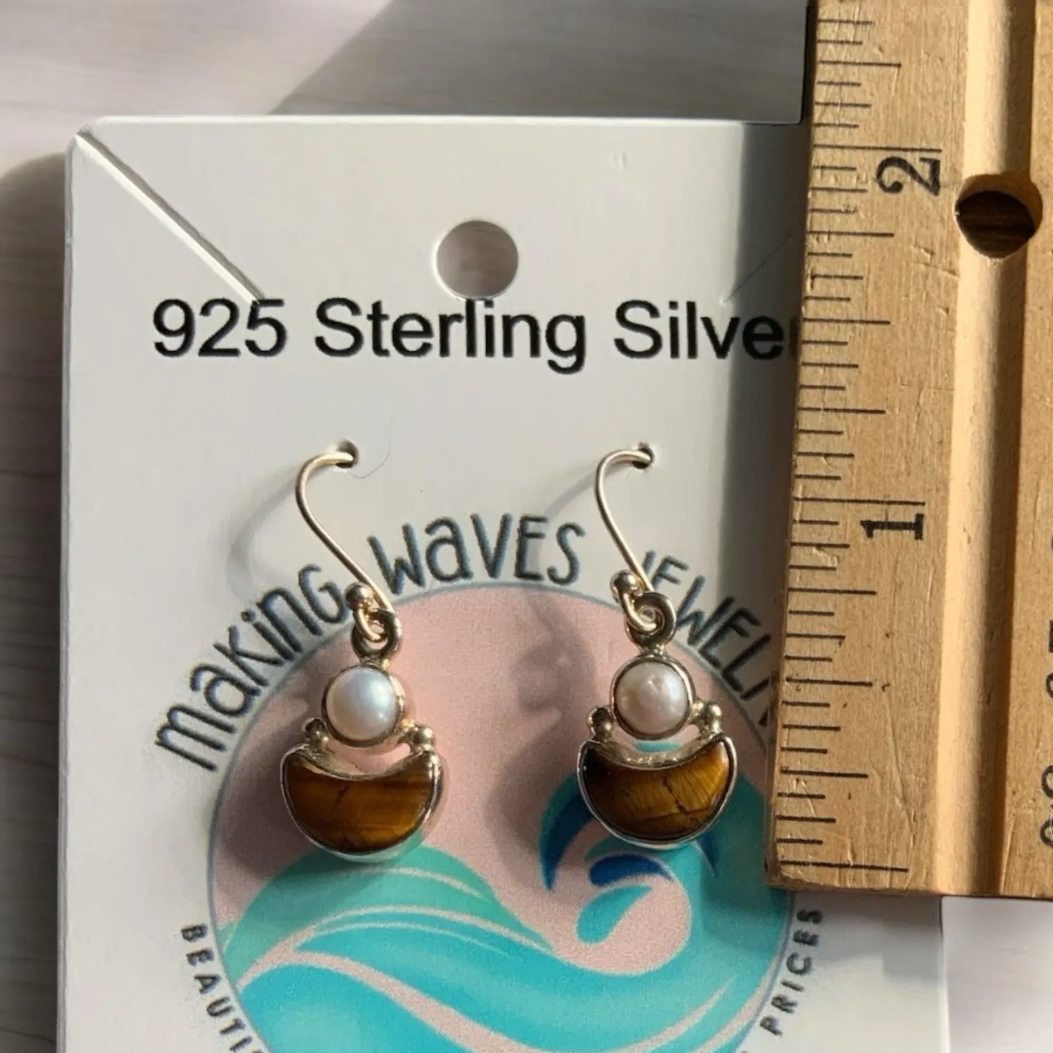 Moon Tigers Eye & Pearl Solid 925 Sterling Silver Earrings