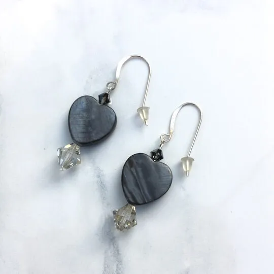 Mother of Pearl gray Heart and Swarovski sterling silver earrings