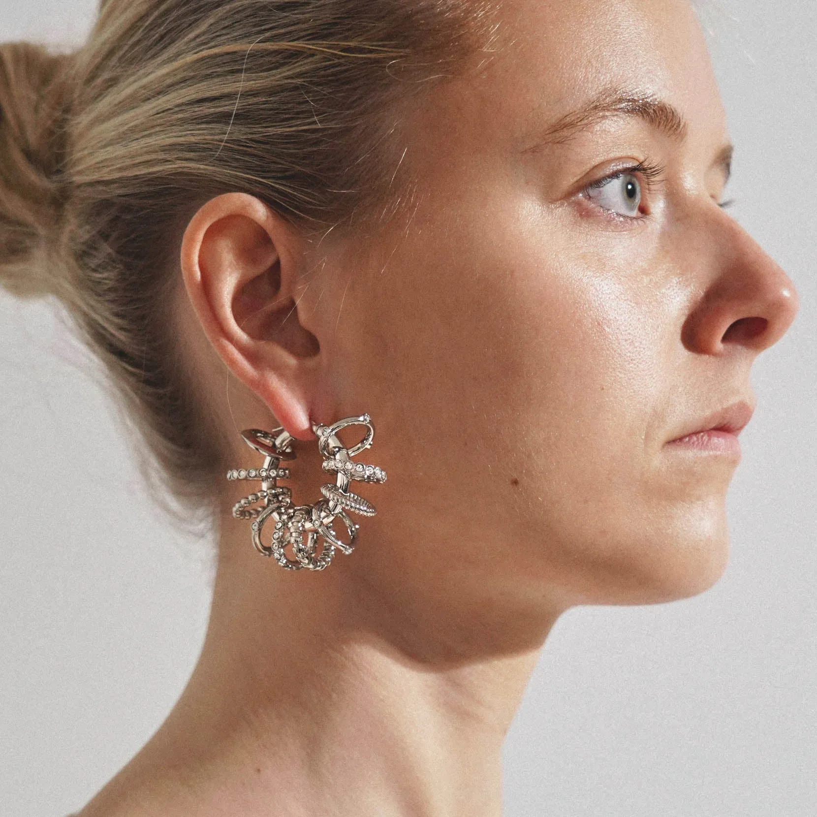 Multi ring hoop big white and silver crystal earrings