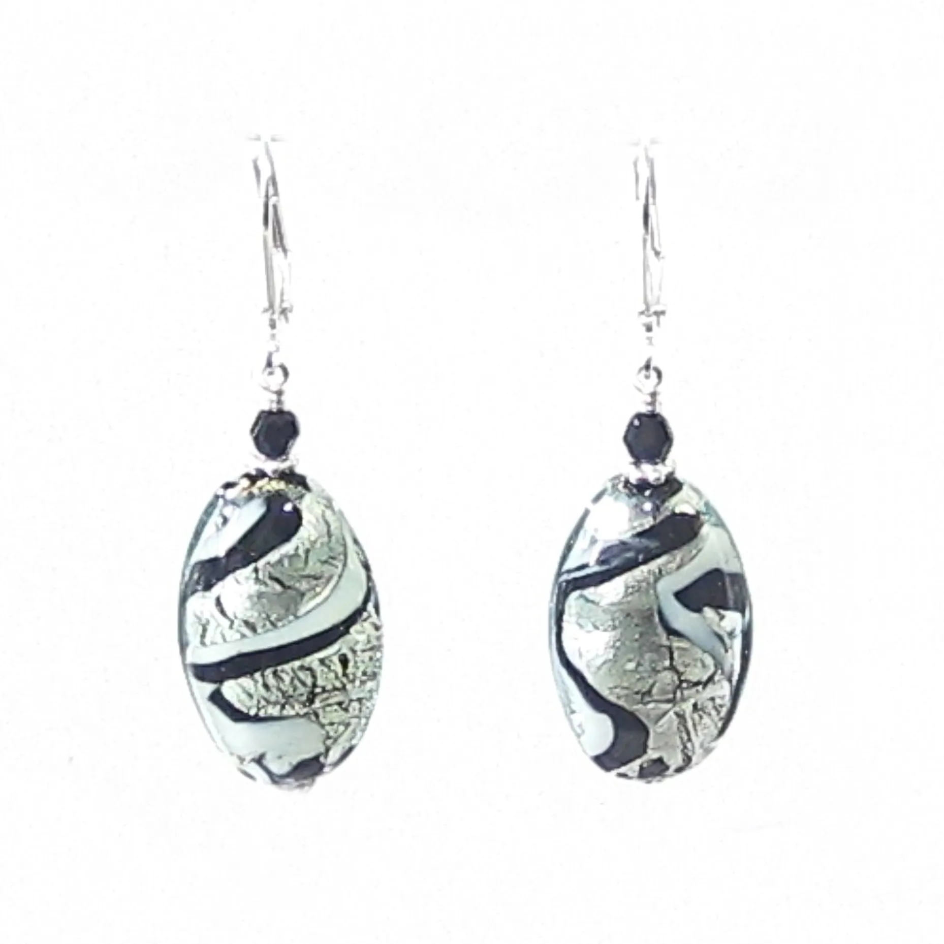 Murano Glass Black White Swirl Oval Sterling Silver Earrings
