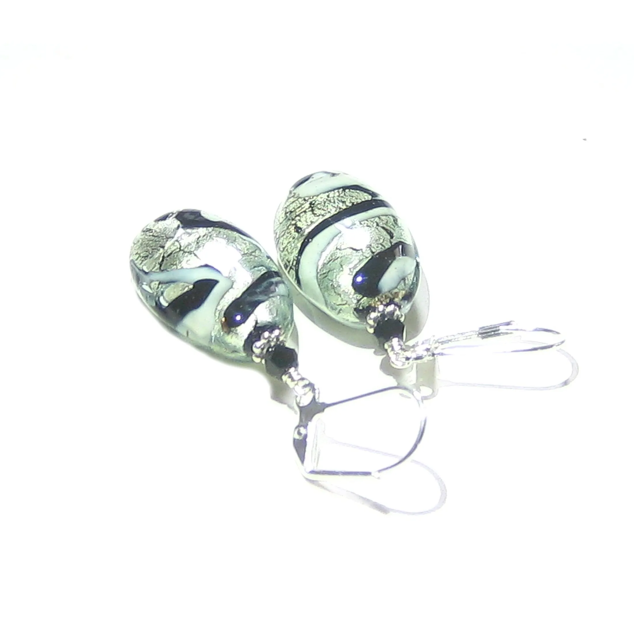Murano Glass Black White Swirl Oval Sterling Silver Earrings