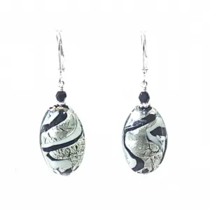 Murano Glass Black White Swirl Oval Sterling Silver Earrings