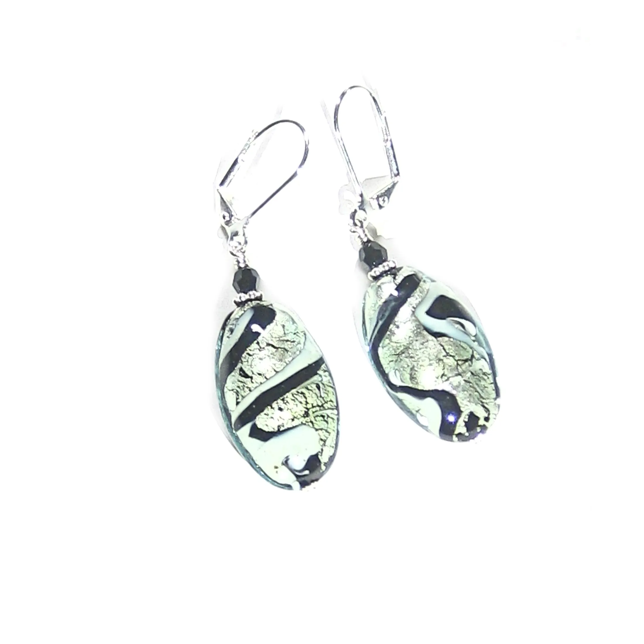 Murano Glass Black White Swirl Oval Sterling Silver Earrings
