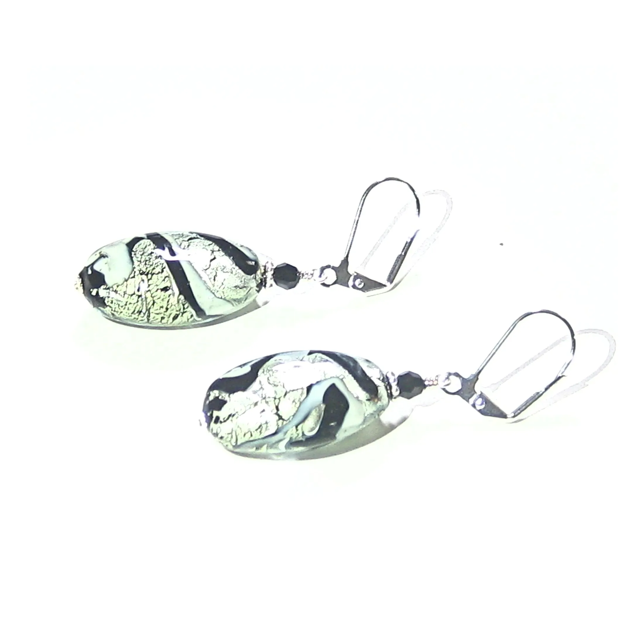 Murano Glass Black White Swirl Oval Sterling Silver Earrings