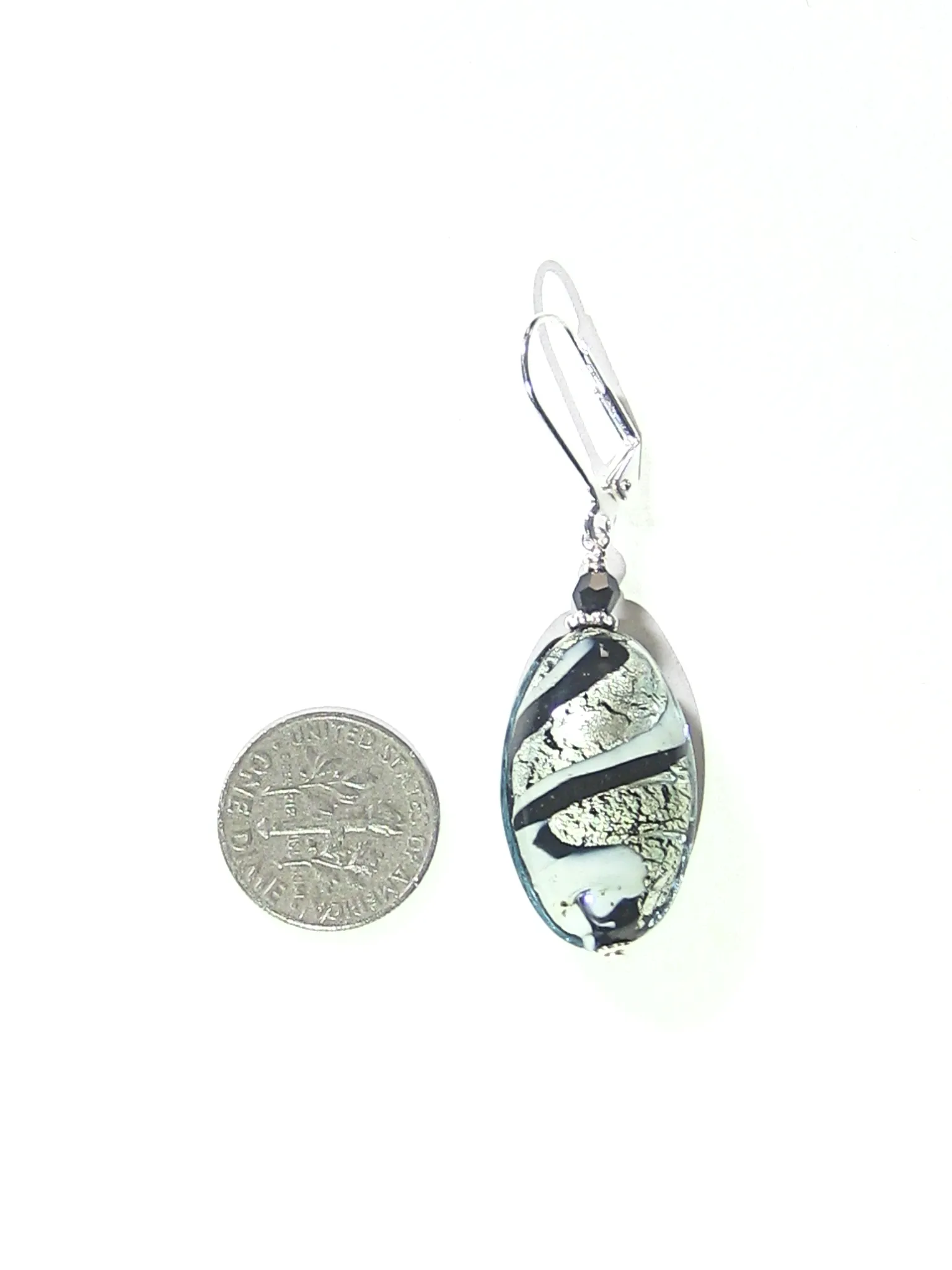 Murano Glass Black White Swirl Oval Sterling Silver Earrings