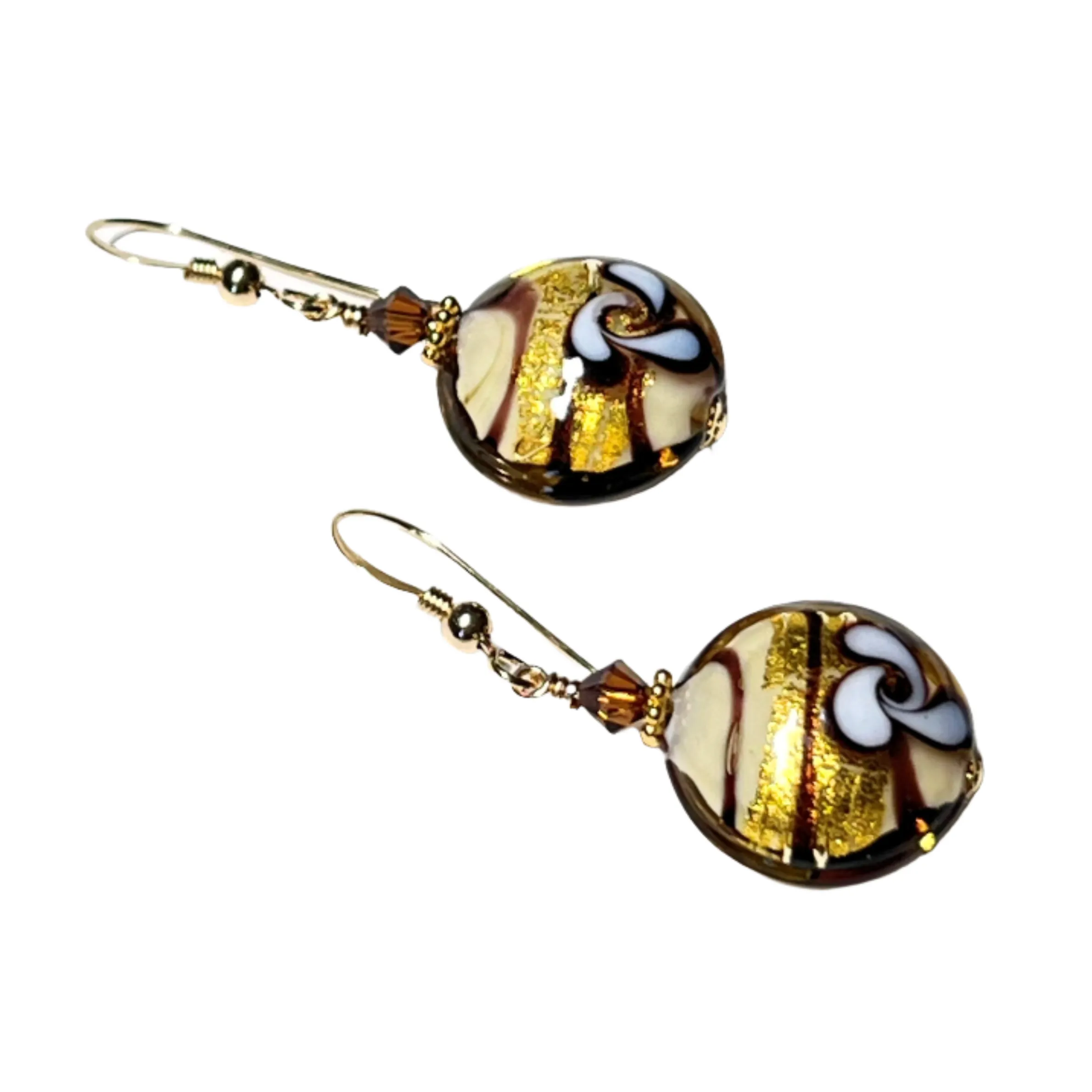 Murano Glass Brown Flower Topaz Disc Gold Earrings