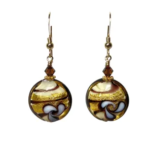 Murano Glass Brown Flower Topaz Disc Gold Earrings