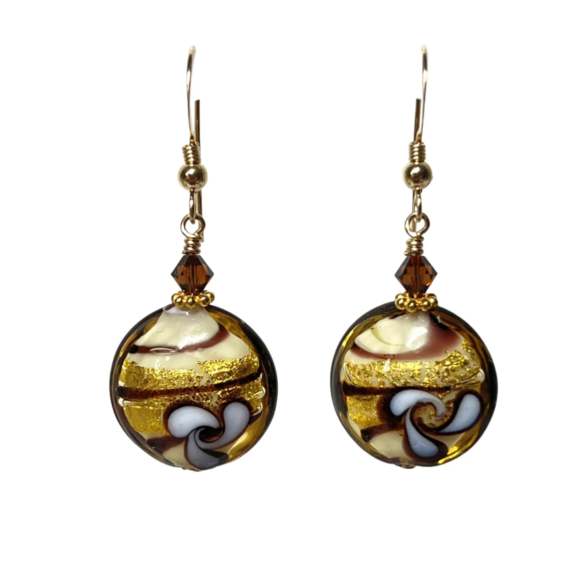 Murano Glass Brown Flower Topaz Disc Gold Earrings