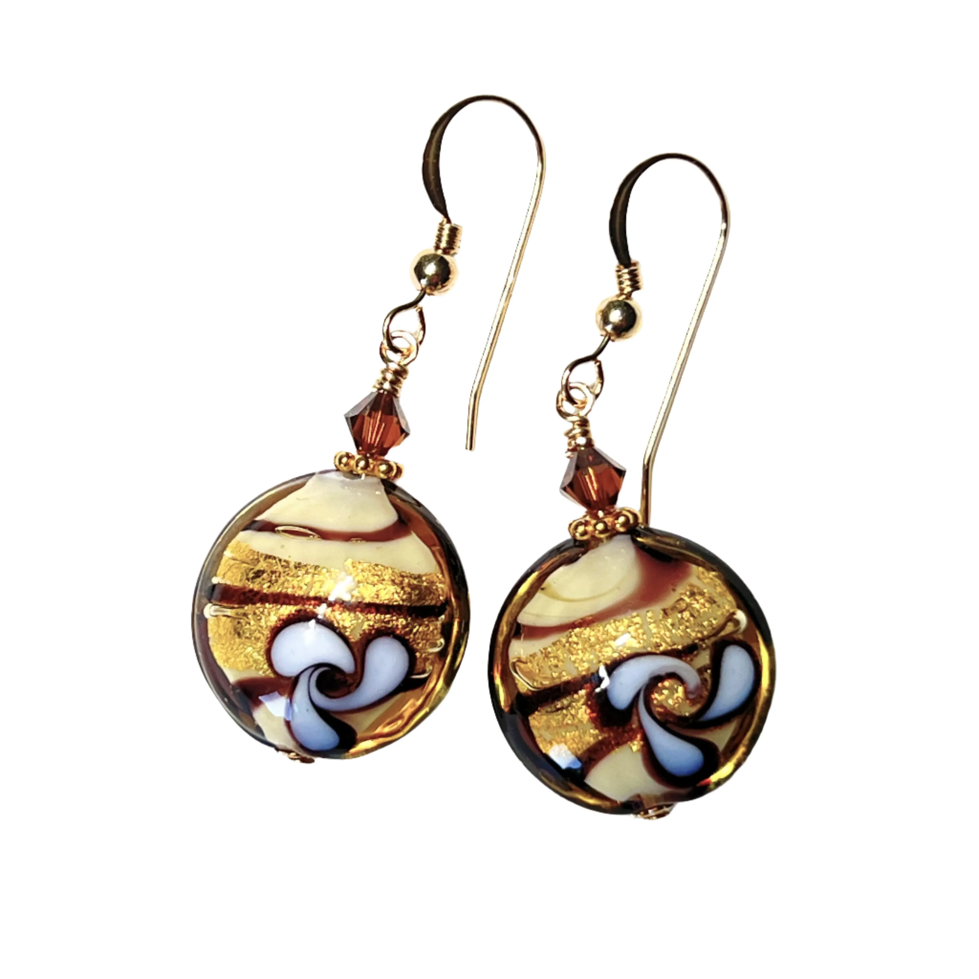 Murano Glass Brown Flower Topaz Disc Gold Earrings