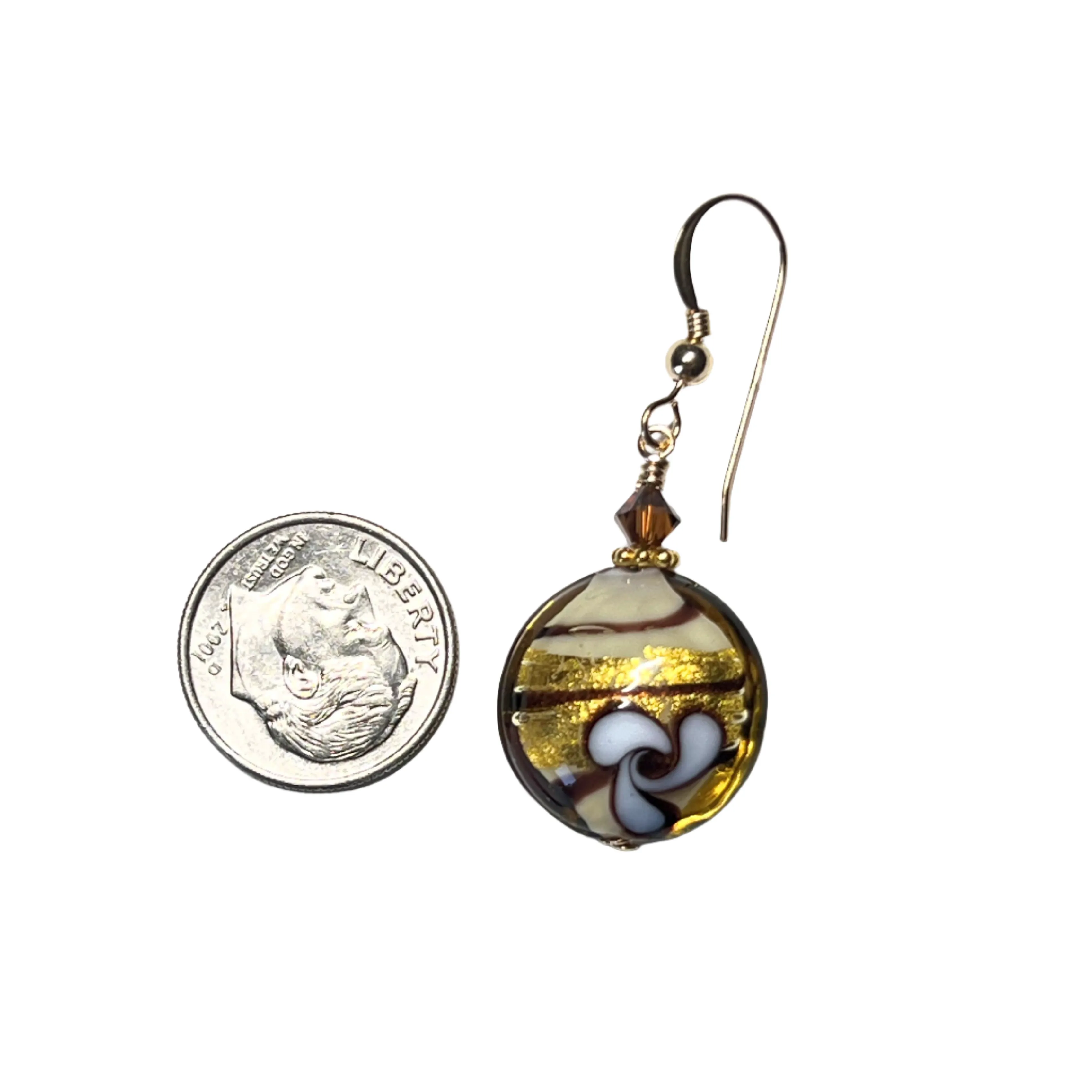 Murano Glass Brown Flower Topaz Disc Gold Earrings