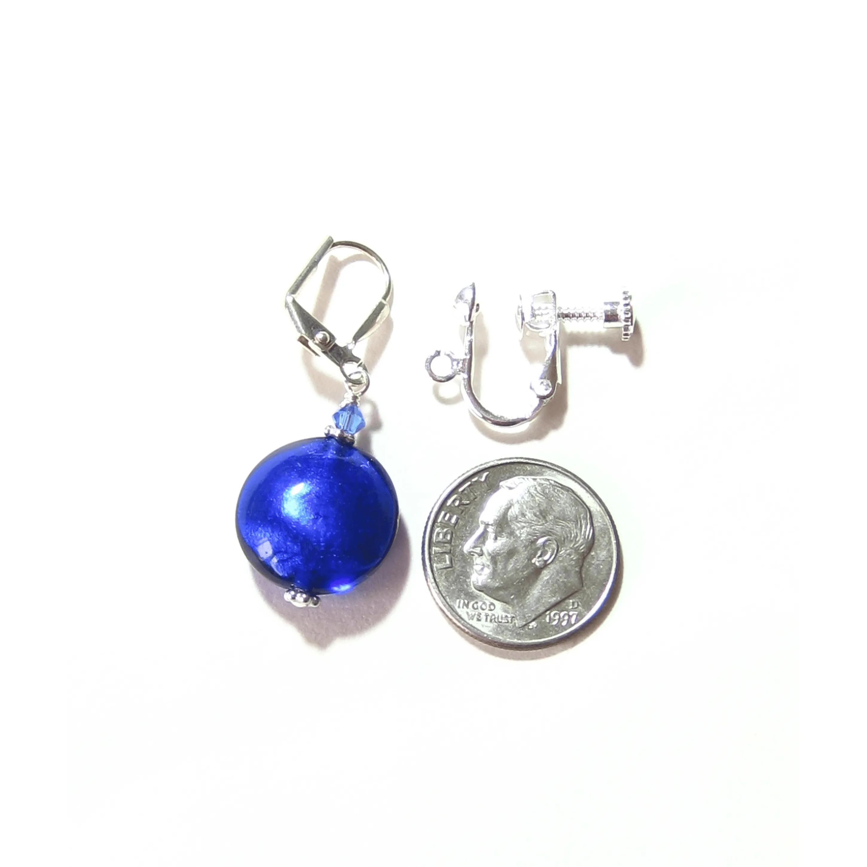 Murano Glass Cobalt Blue Disc Sterling Silver Earrings