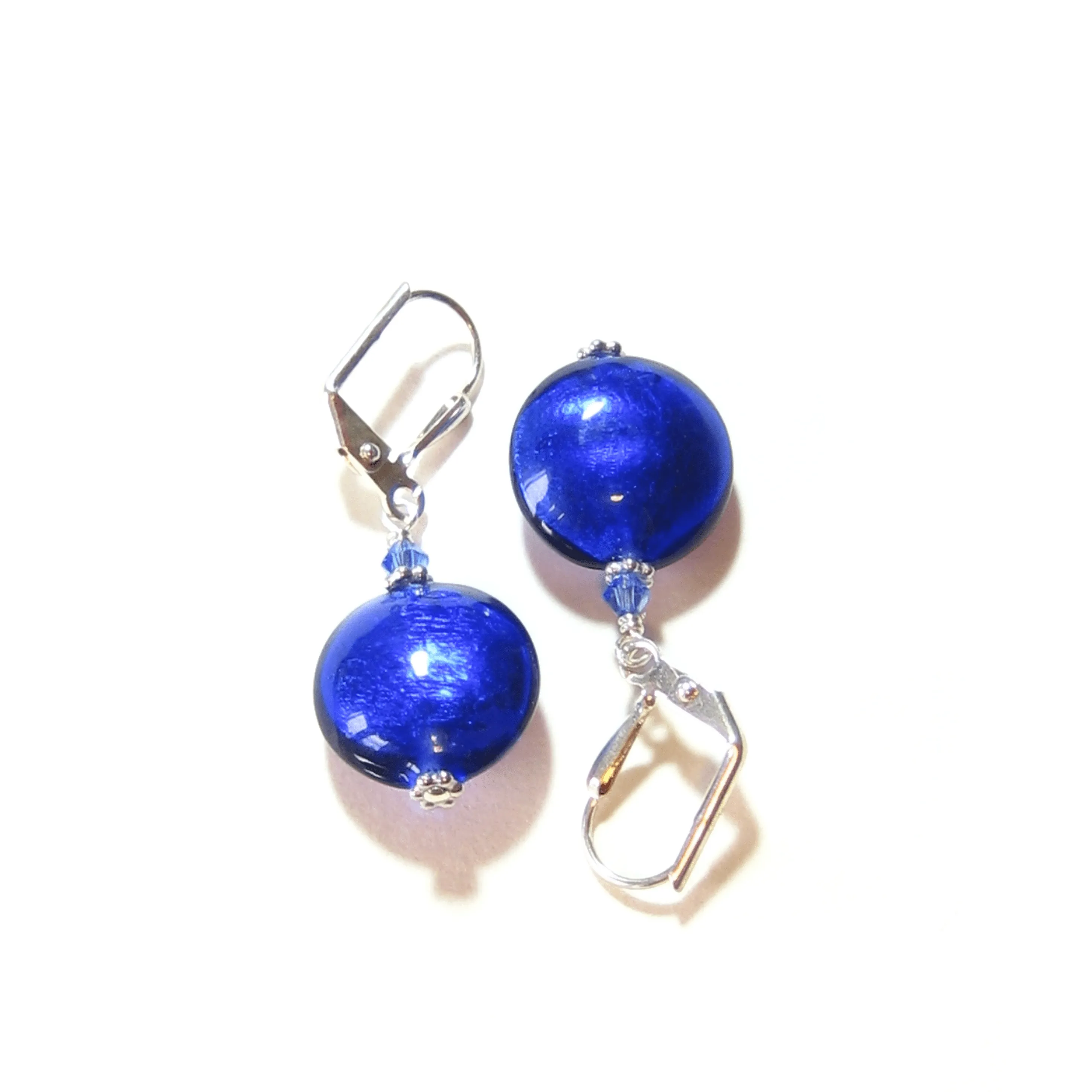 Murano Glass Cobalt Blue Disc Sterling Silver Earrings