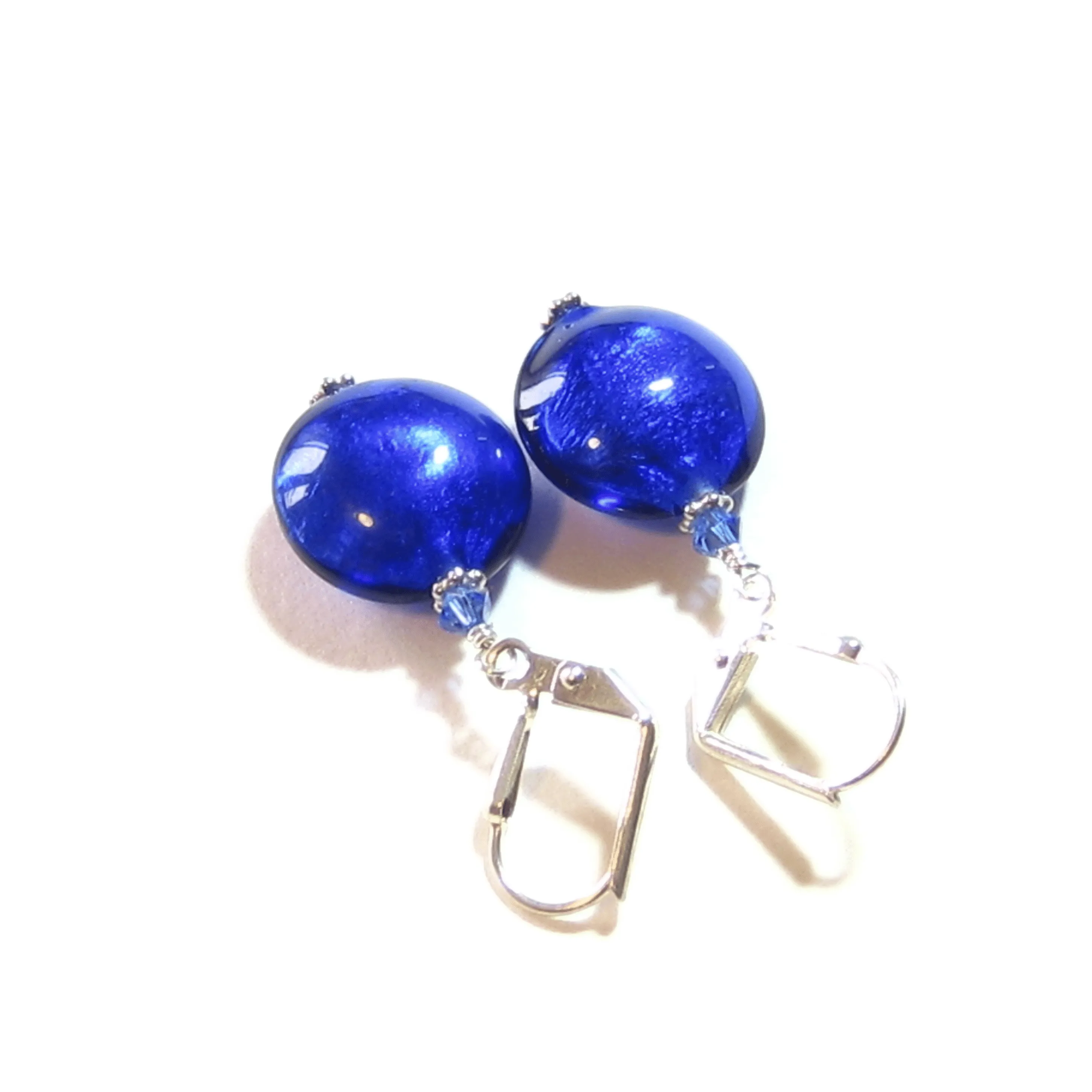 Murano Glass Cobalt Blue Disc Sterling Silver Earrings