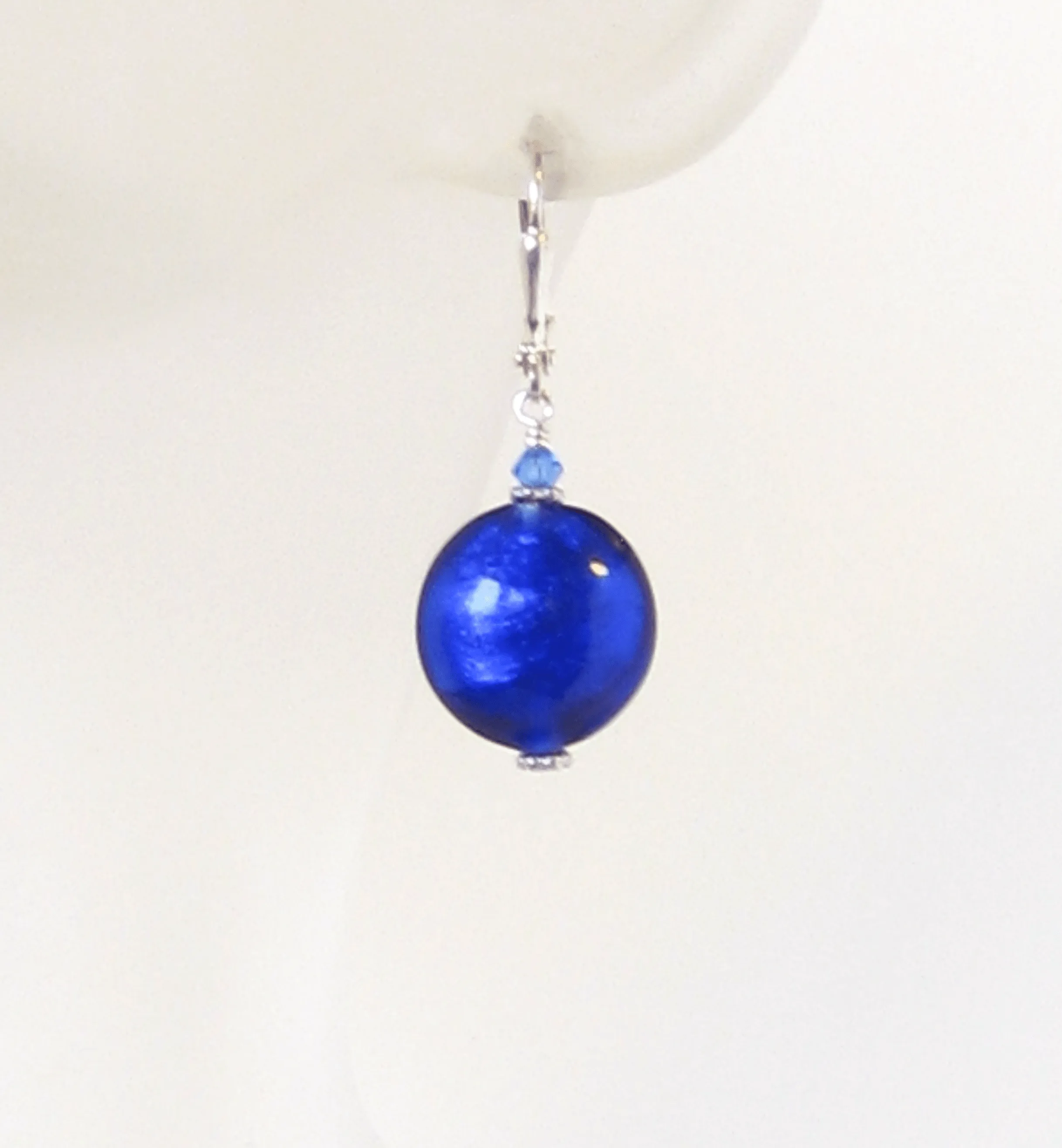 Murano Glass Cobalt Blue Disc Sterling Silver Earrings