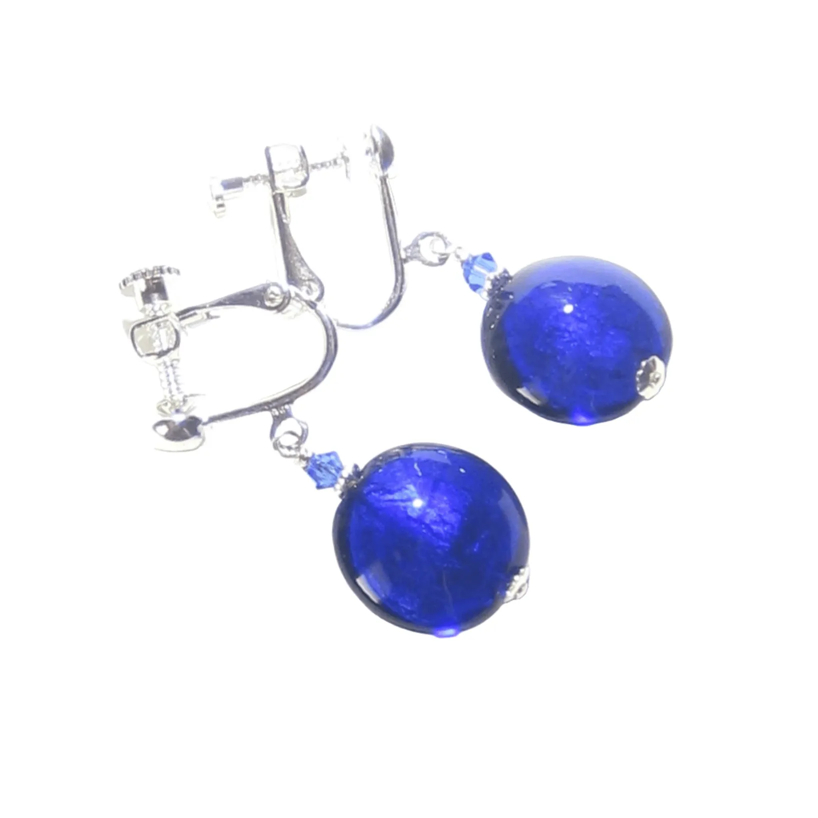 Murano Glass Cobalt Blue Disc Sterling Silver Earrings