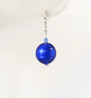 Murano Glass Cobalt Blue Disc Sterling Silver Earrings