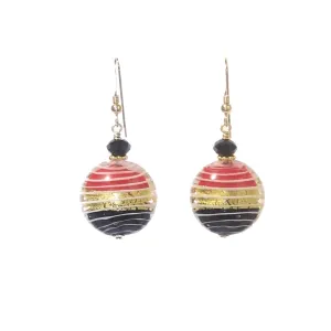Murano Glass Red Black Disc Gold Earrings, Venetian Jewelry