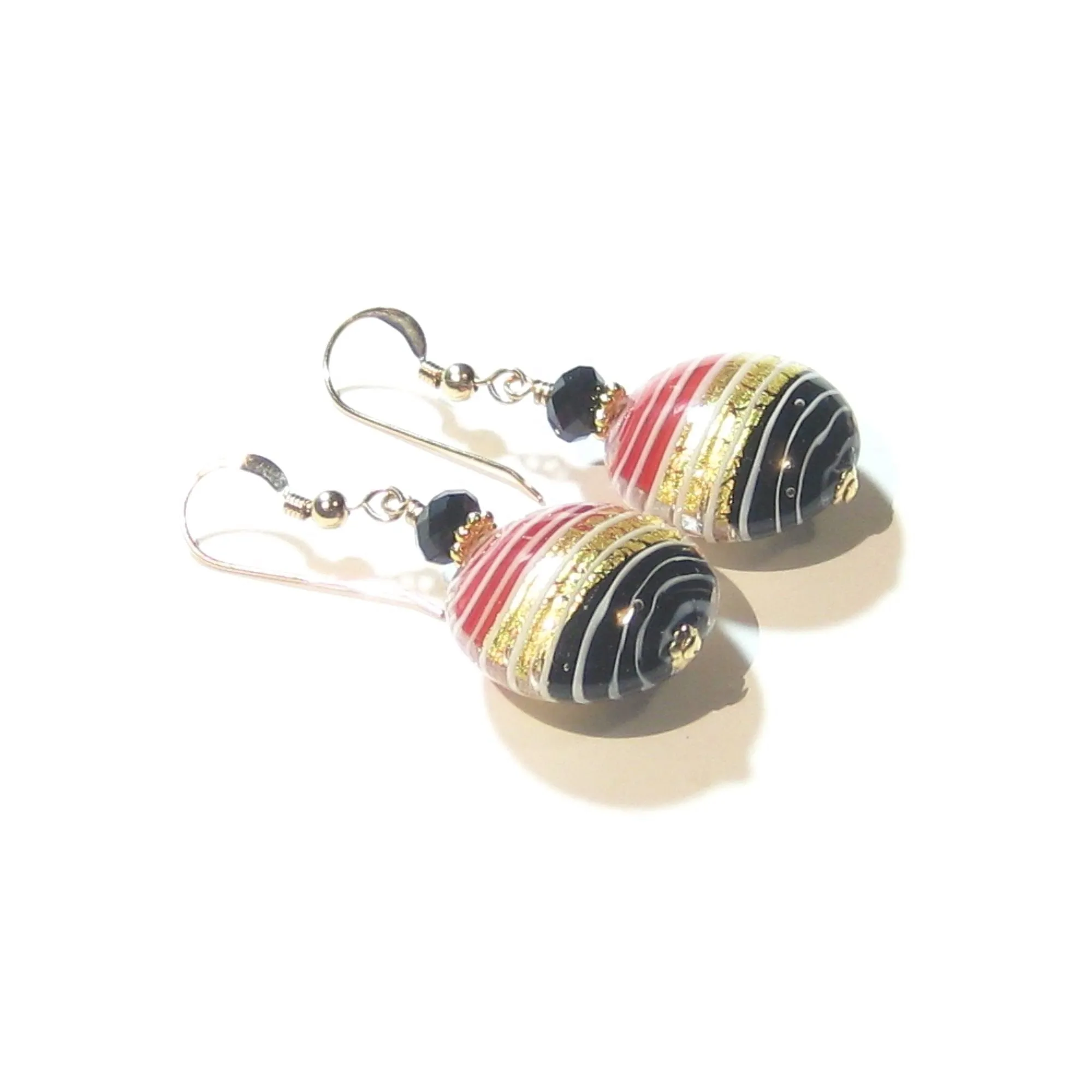 Murano Glass Red Black Disc Gold Earrings, Venetian Jewelry