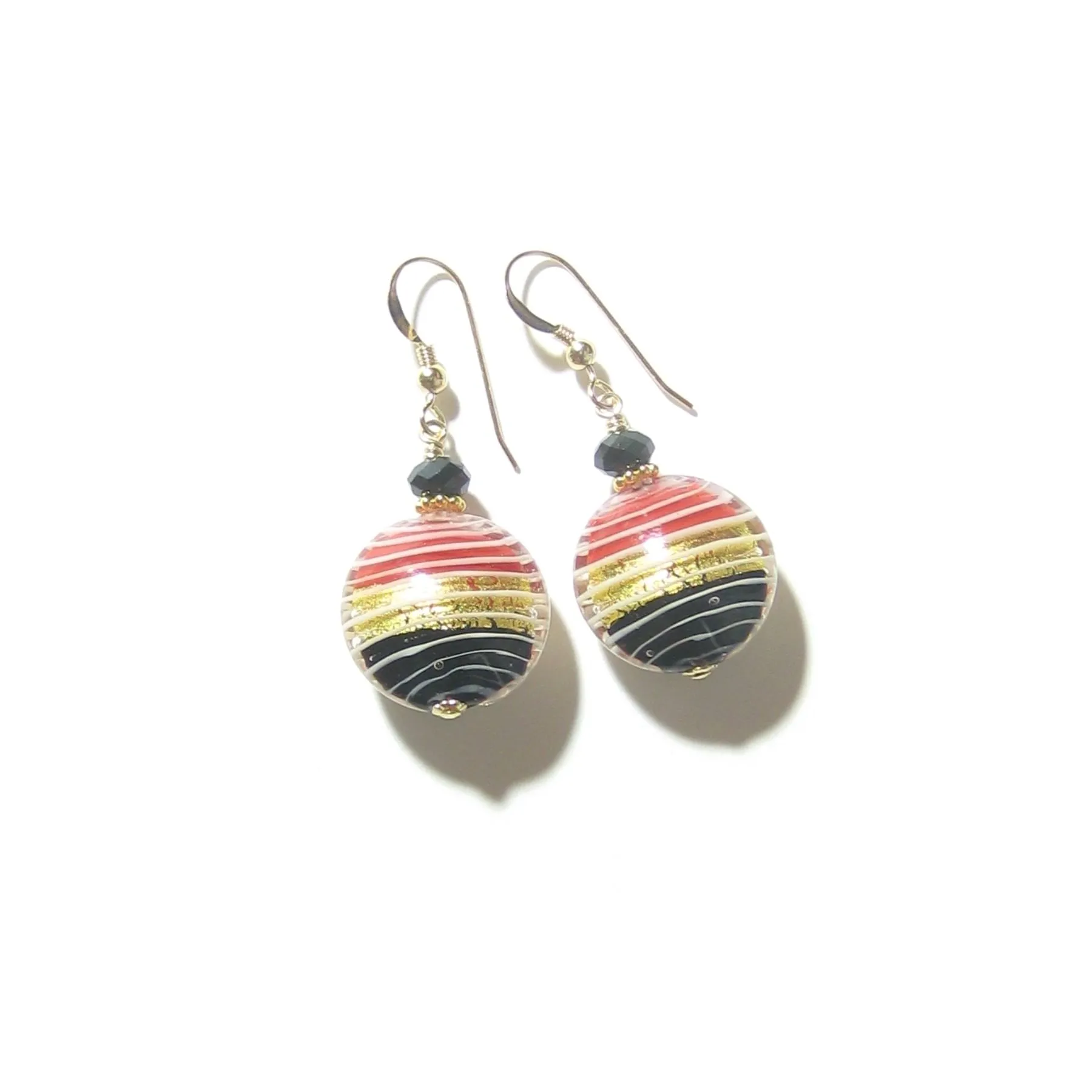 Murano Glass Red Black Disc Gold Earrings, Venetian Jewelry
