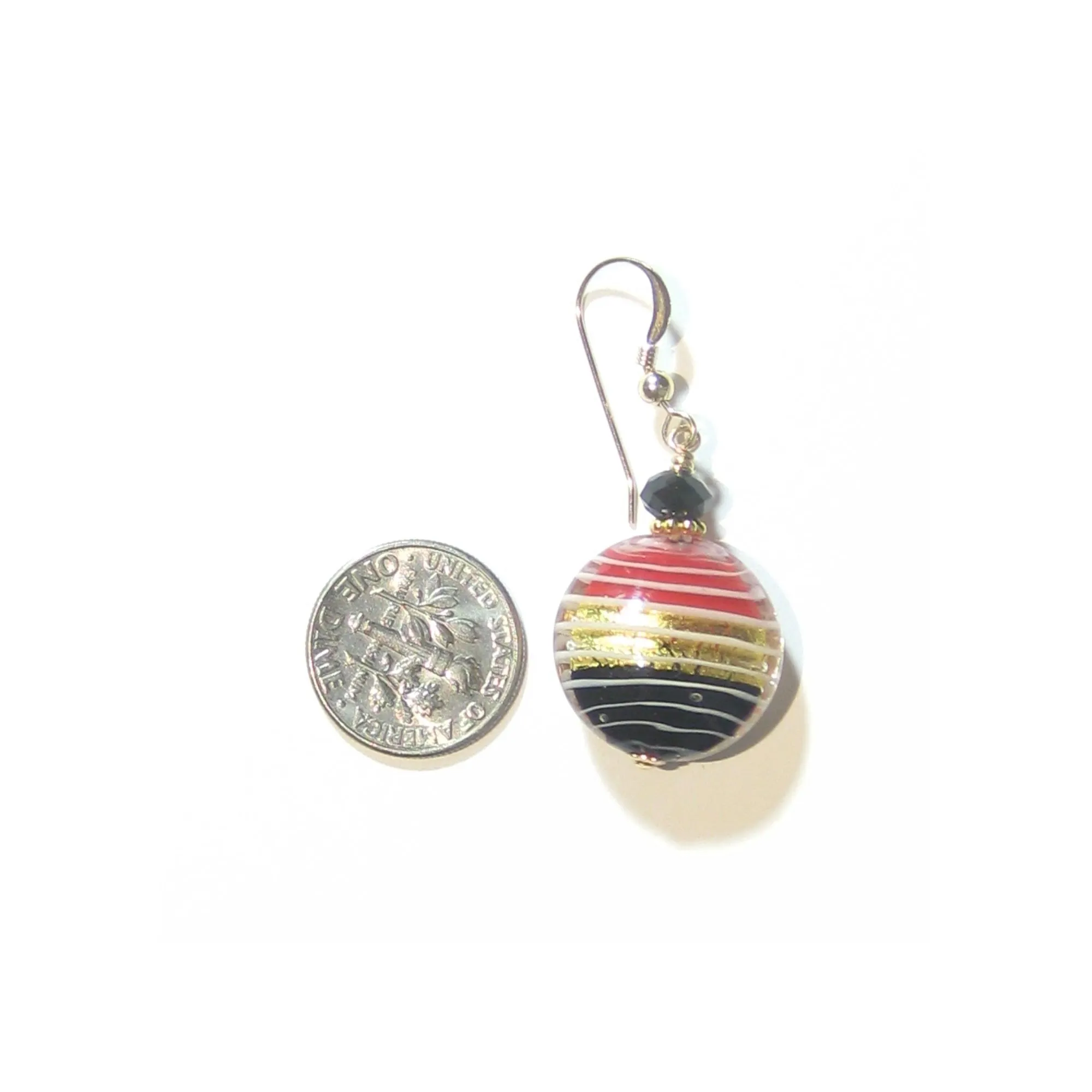 Murano Glass Red Black Disc Gold Earrings, Venetian Jewelry