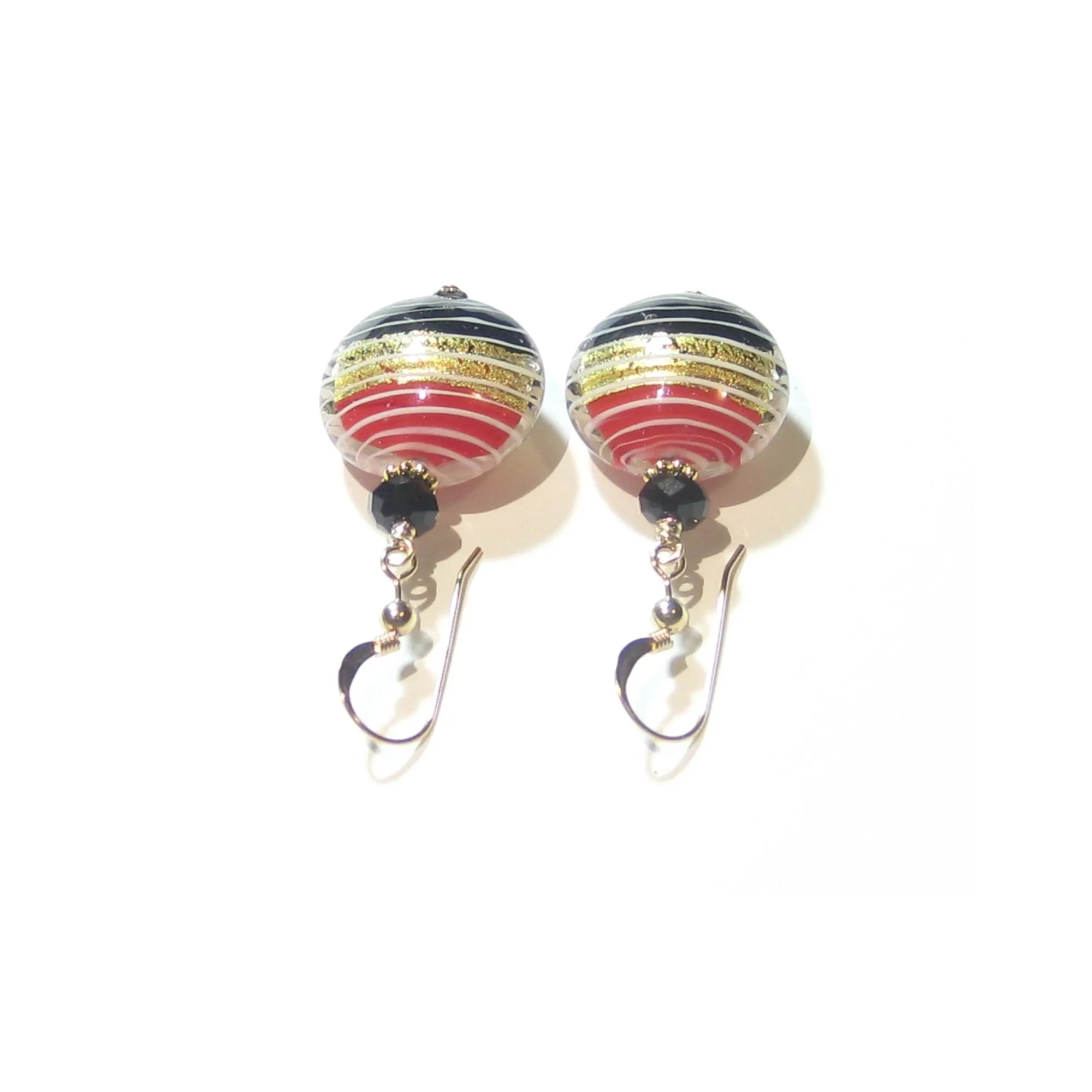 Murano Glass Red Black Disc Gold Earrings, Venetian Jewelry