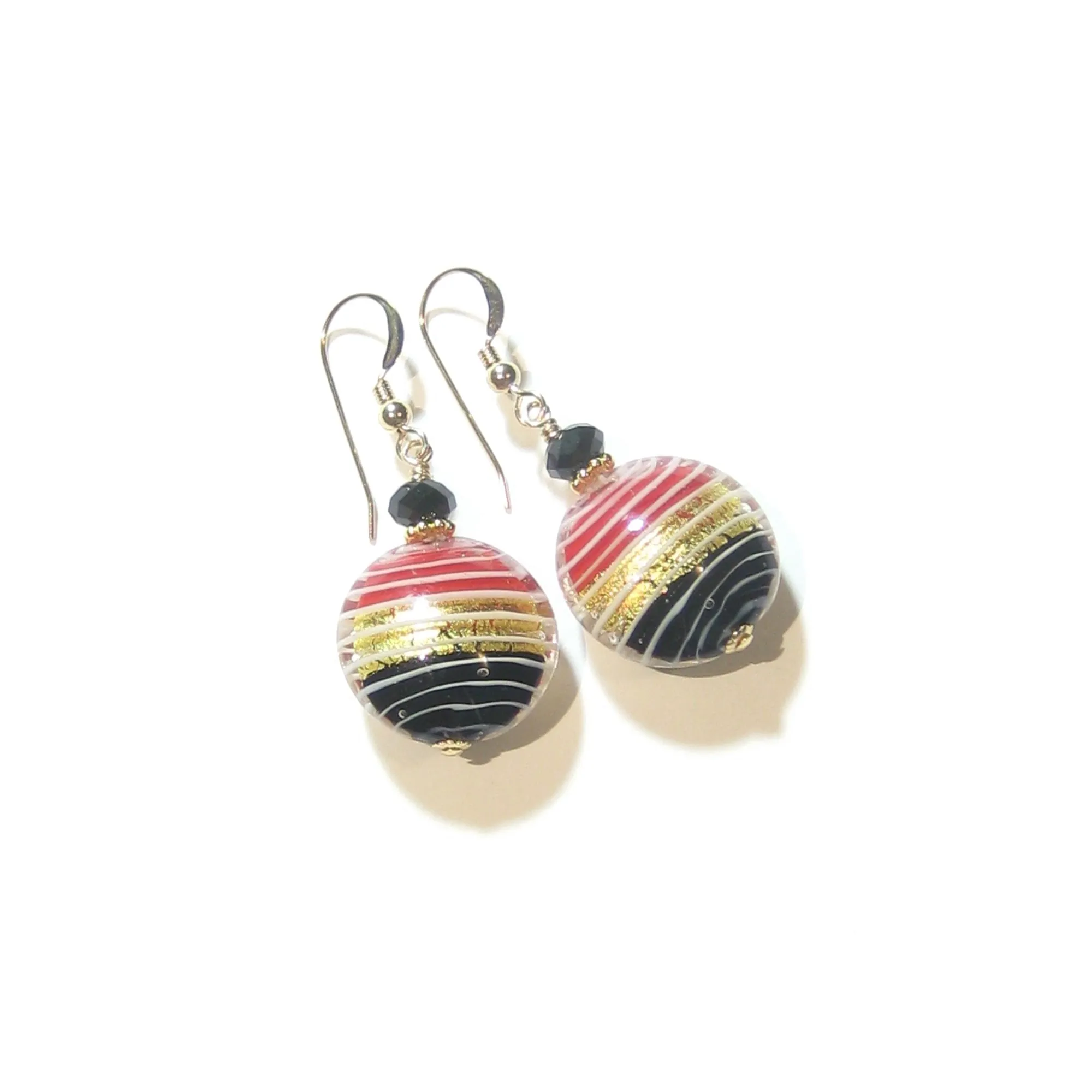 Murano Glass Red Black Disc Gold Earrings, Venetian Jewelry