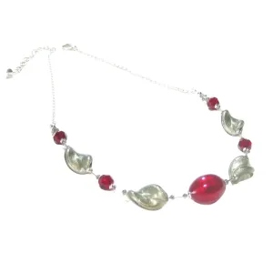 Murano Glass Red Gray Twist Sterling Silver Necklace