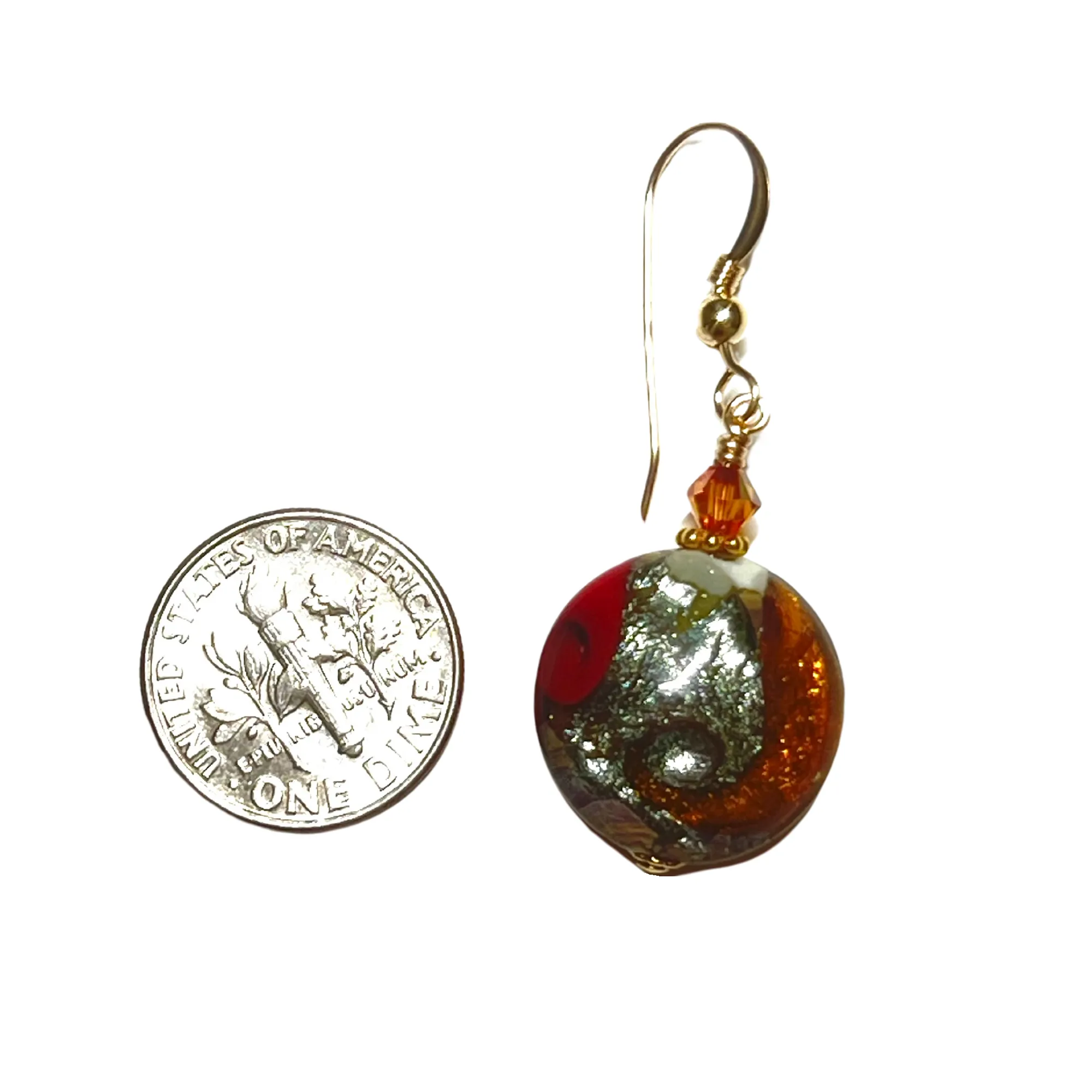 Murano Glass Red Topaz Cyclone Disc Gold Earrings