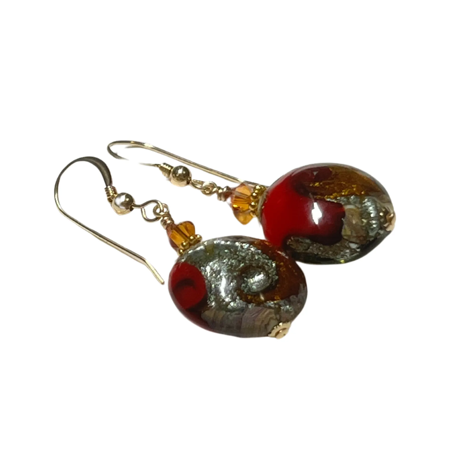 Murano Glass Red Topaz Cyclone Disc Gold Earrings