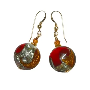 Murano Glass Red Topaz Cyclone Disc Gold Earrings