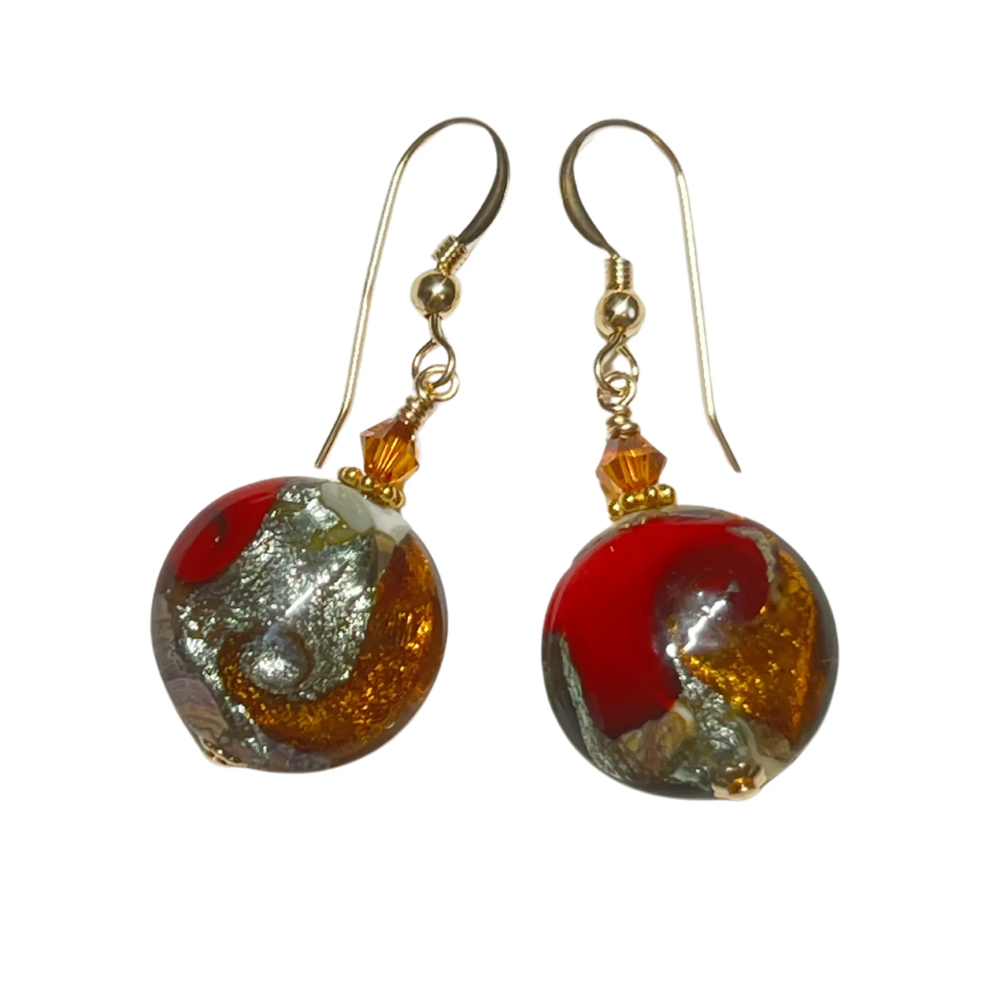 Murano Glass Red Topaz Cyclone Disc Gold Earrings