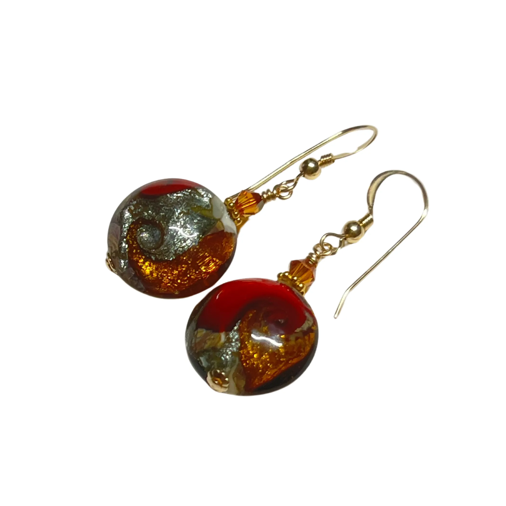 Murano Glass Red Topaz Cyclone Disc Gold Earrings