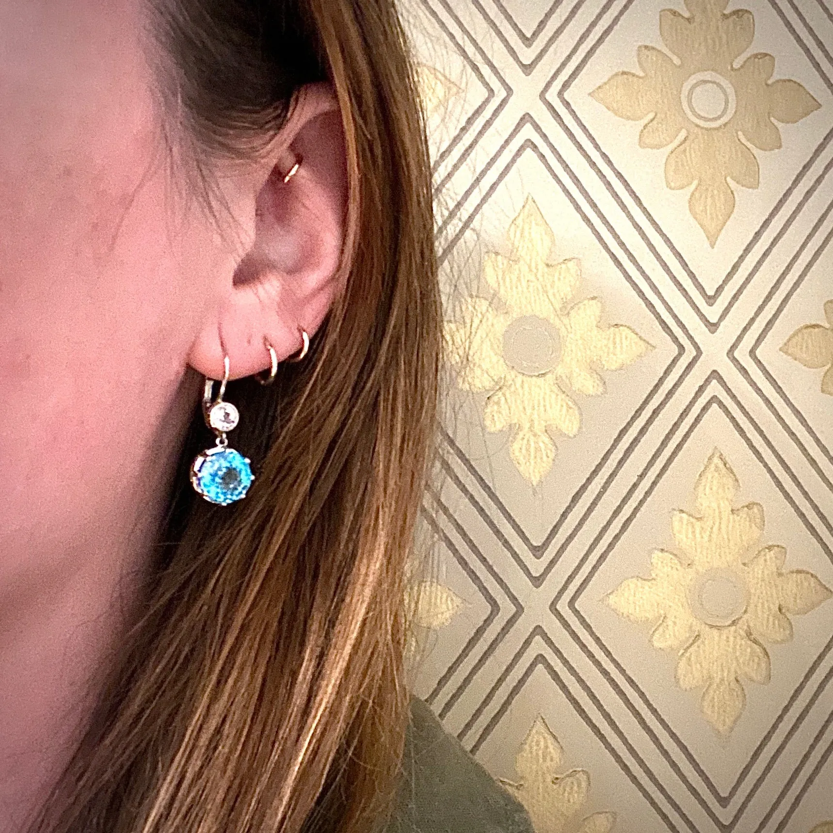 Natural Blue Zircon and OEC Diamond Drop Earrings