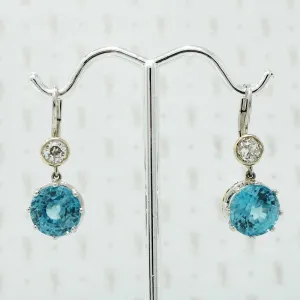 Natural Blue Zircon and OEC Diamond Drop Earrings