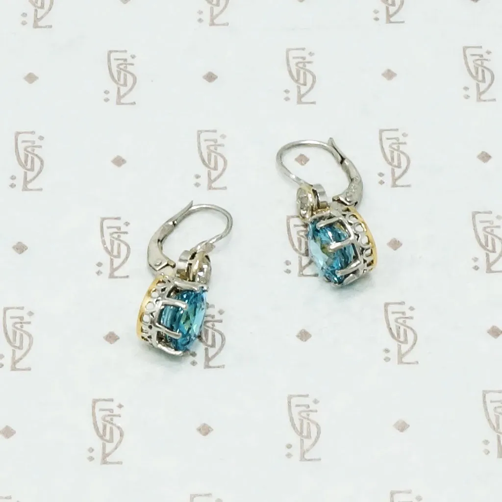 Natural Blue Zircon and OEC Diamond Drop Earrings
