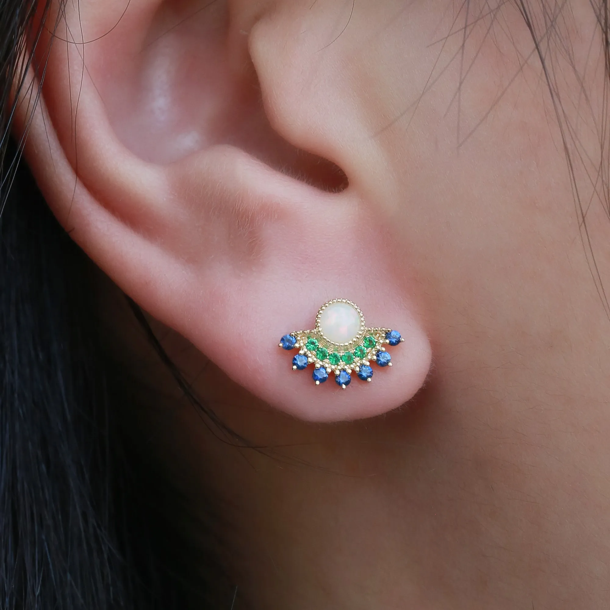 Natural Opal & Emerald & Sapphire Vintage Inspired Earrings