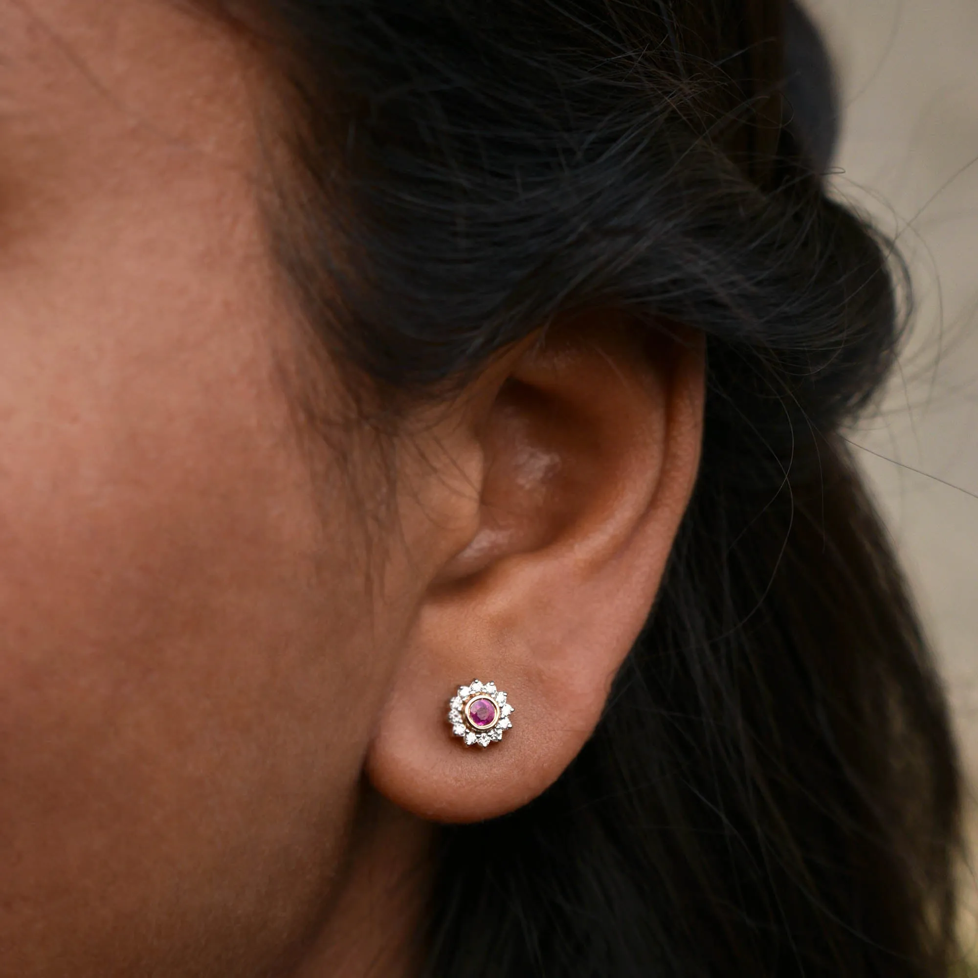 Natural Ruby & Diamond Floral Halo Ear Piercing Stud