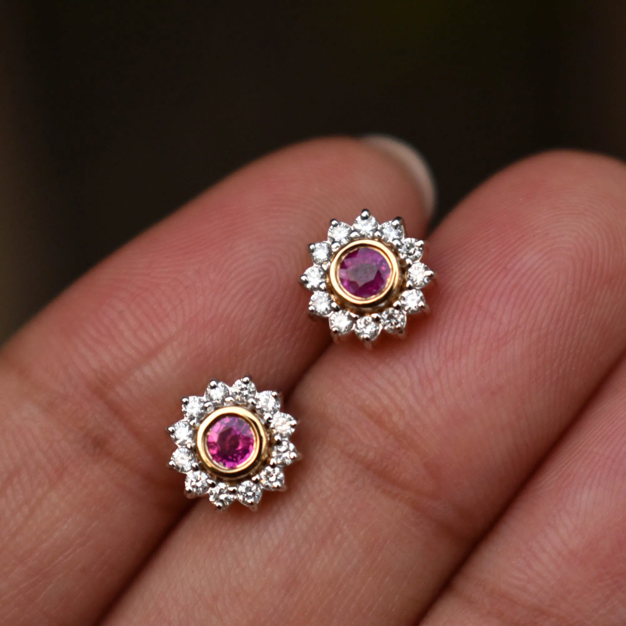 Natural Ruby & Diamond Floral Halo Ear Piercing Stud