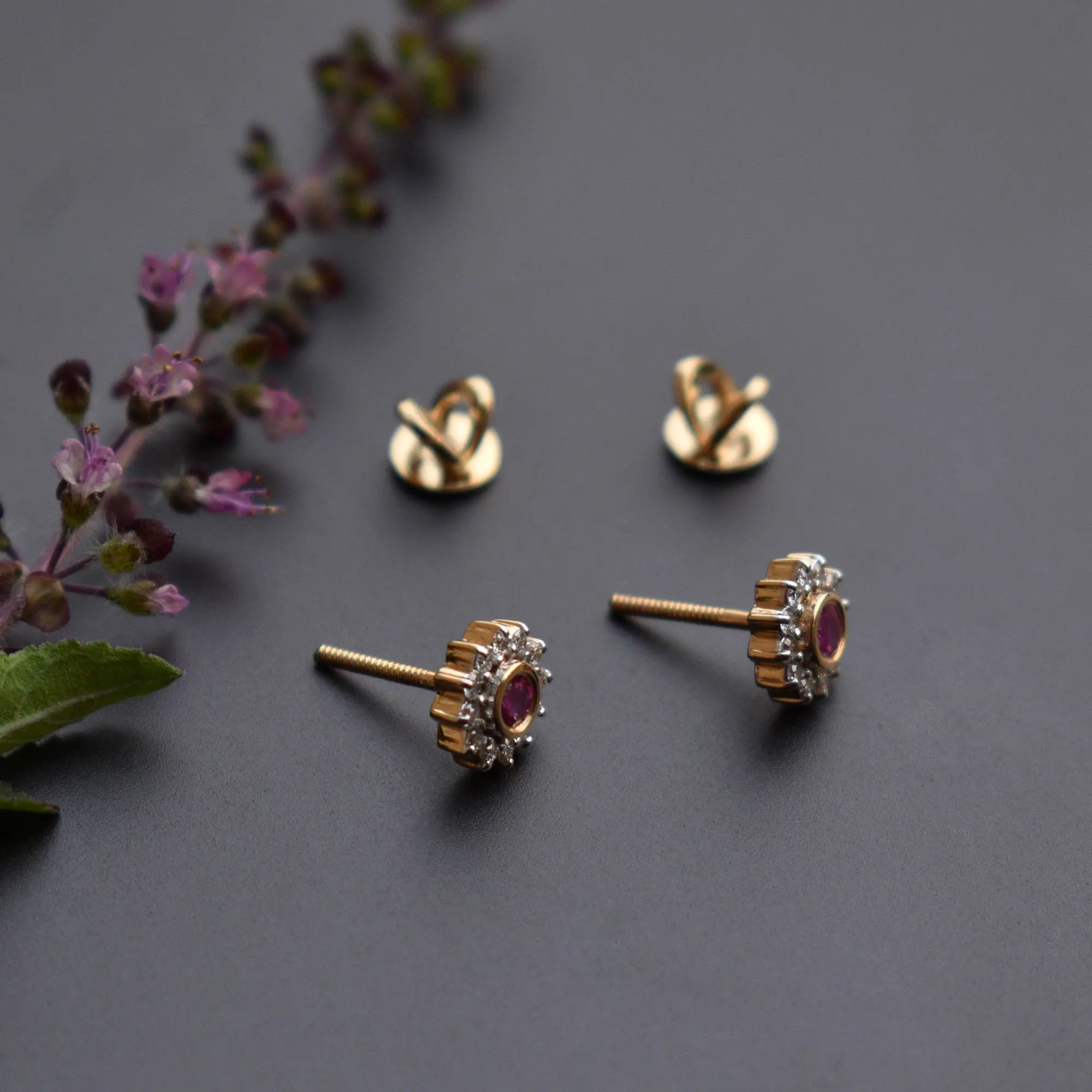 Natural Ruby & Diamond Floral Halo Ear Piercing Stud