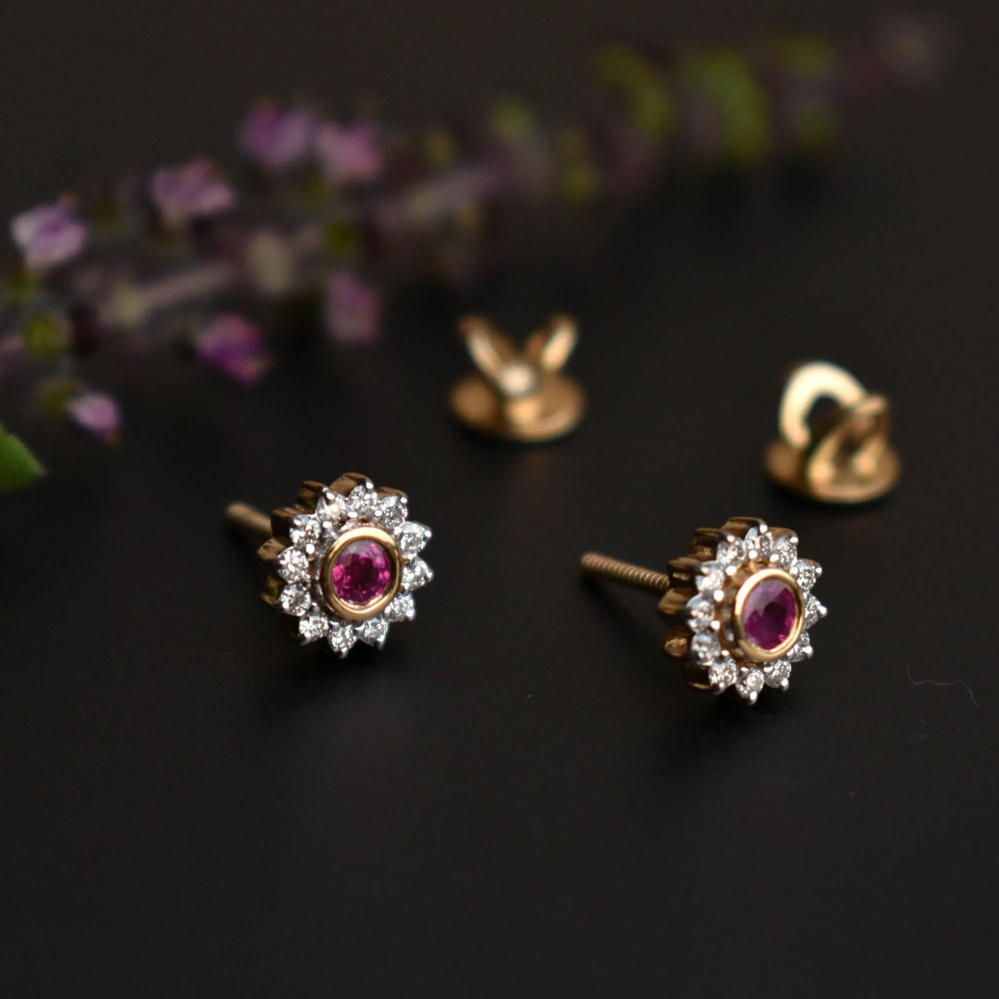 Natural Ruby & Diamond Floral Halo Ear Piercing Stud