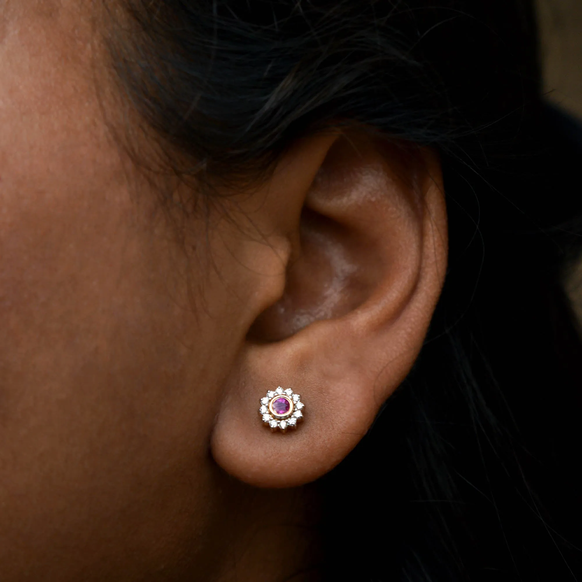 Natural Ruby & Diamond Floral Halo Ear Piercing Stud