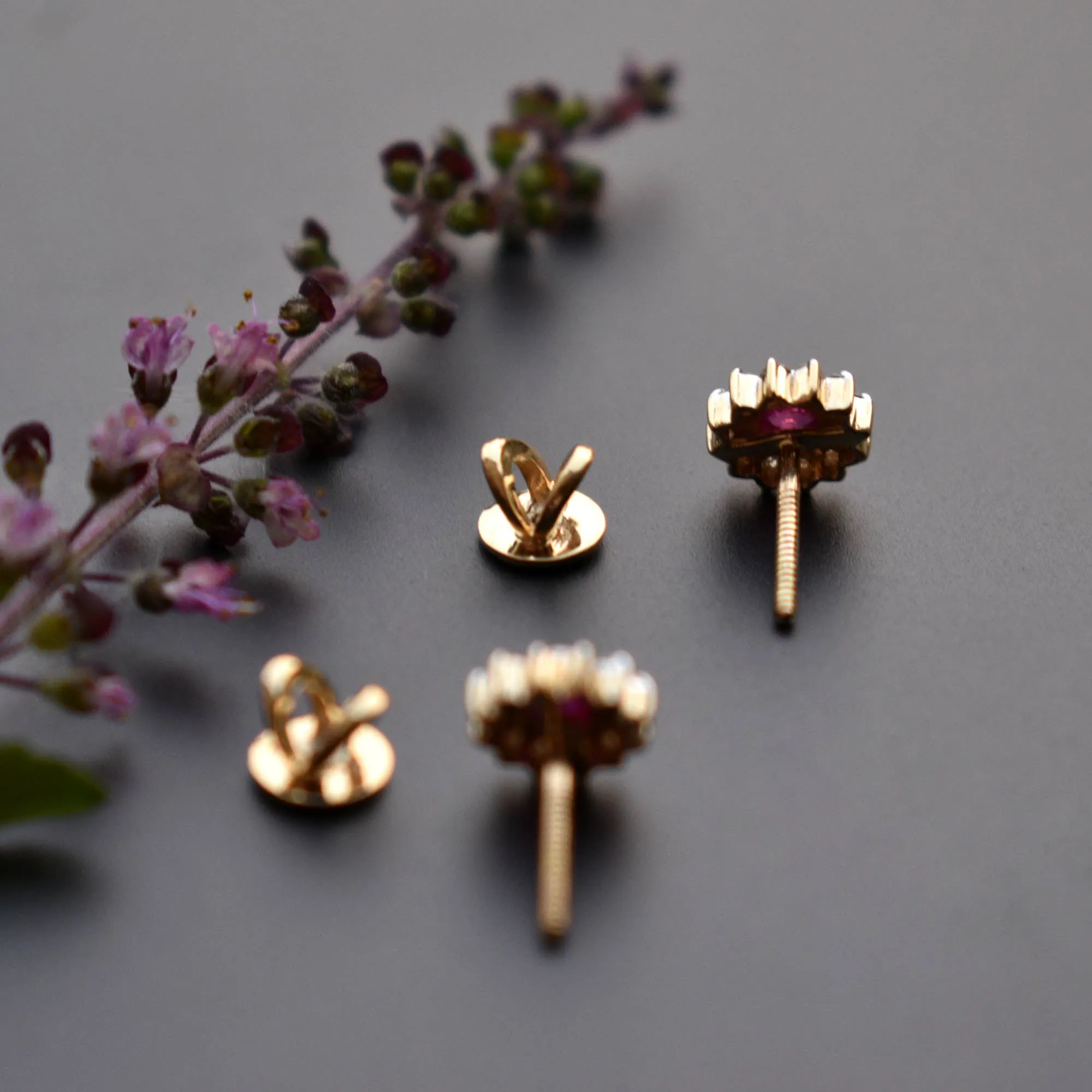Natural Ruby & Diamond Floral Halo Ear Piercing Stud
