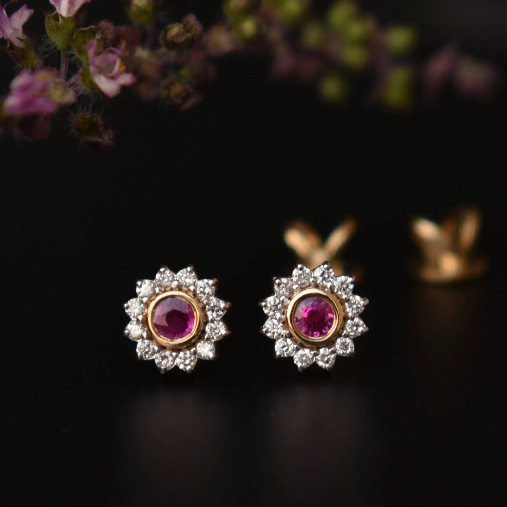 Natural Ruby & Diamond Floral Halo Ear Piercing Stud