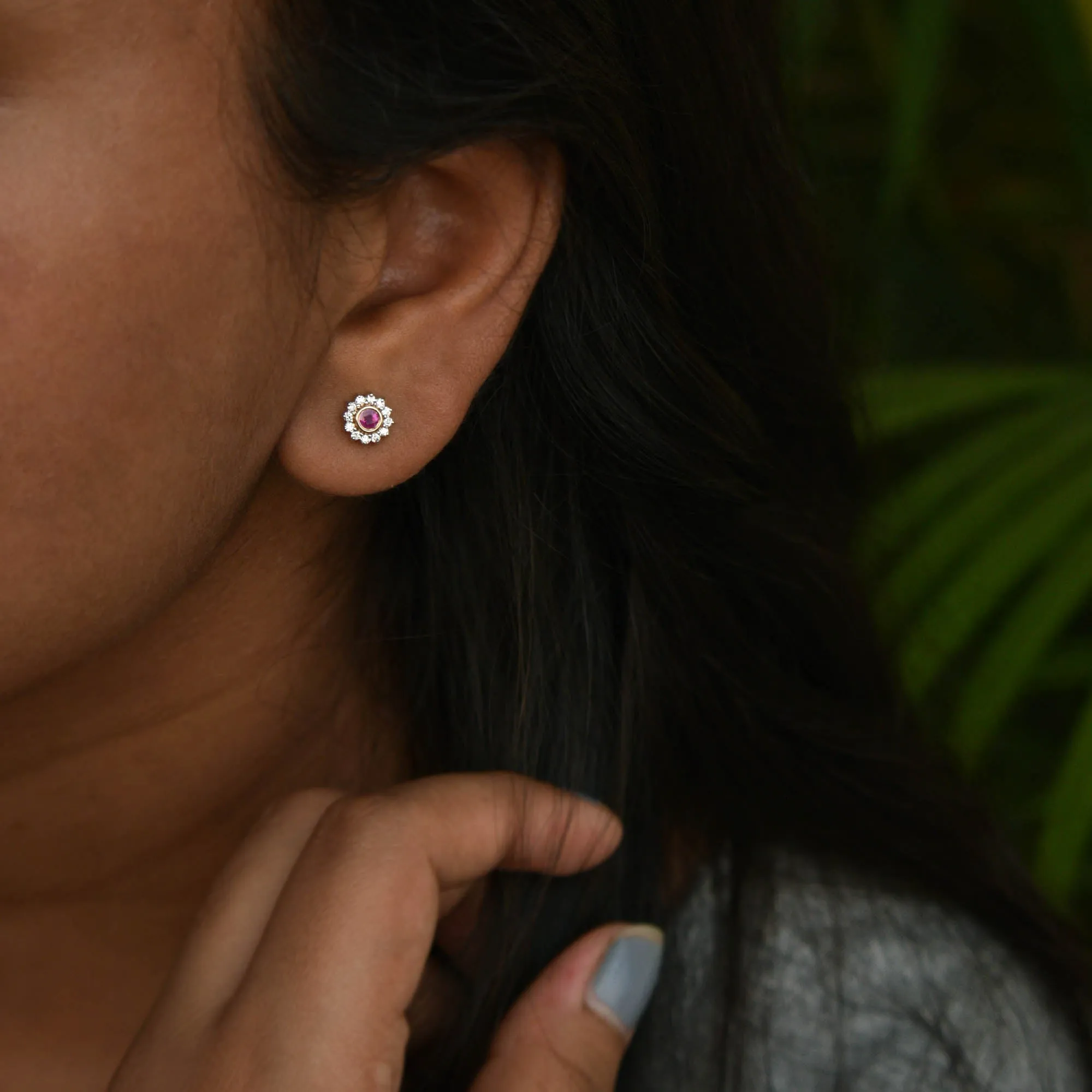 Natural Ruby & Diamond Floral Halo Ear Piercing Stud