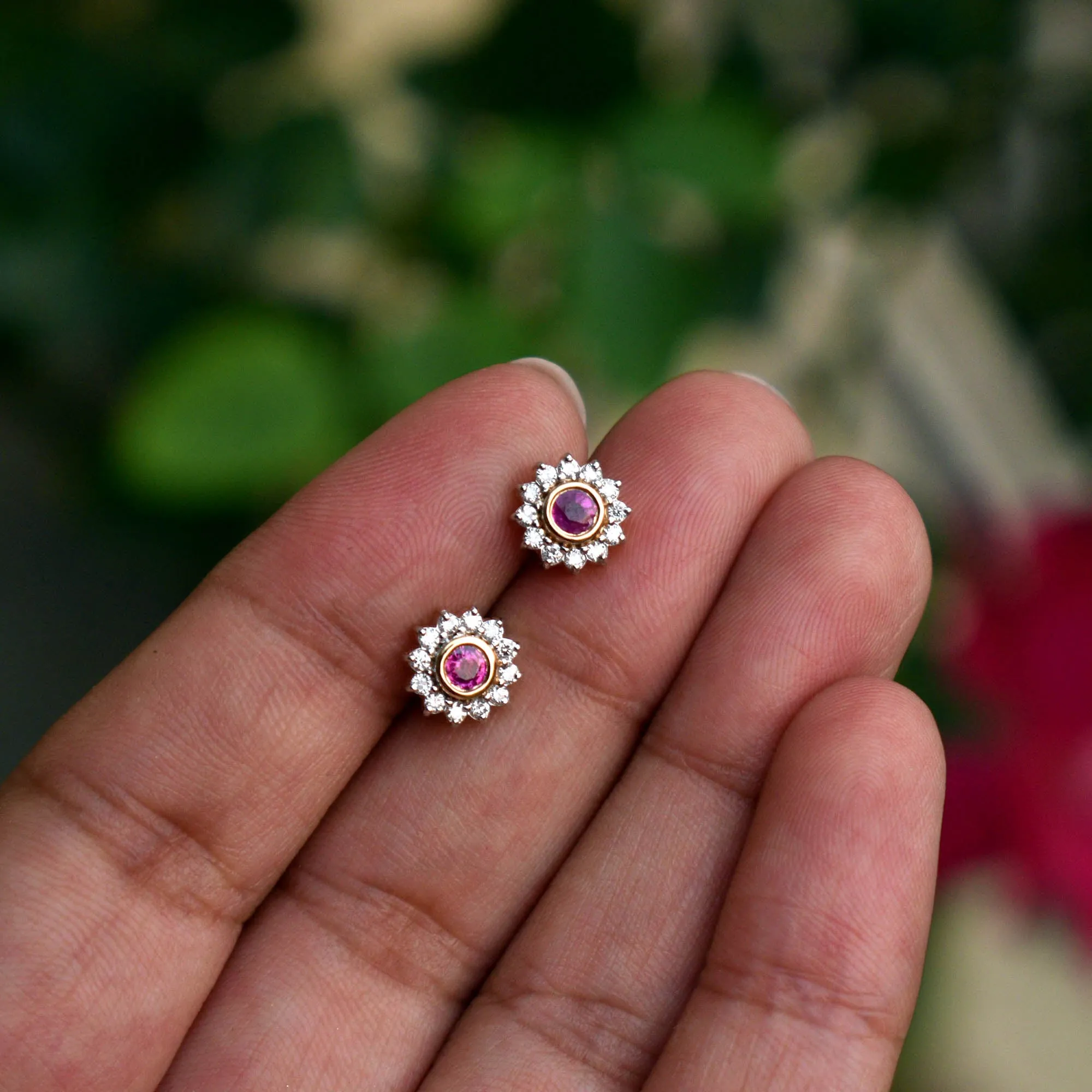 Natural Ruby & Diamond Floral Halo Ear Piercing Stud