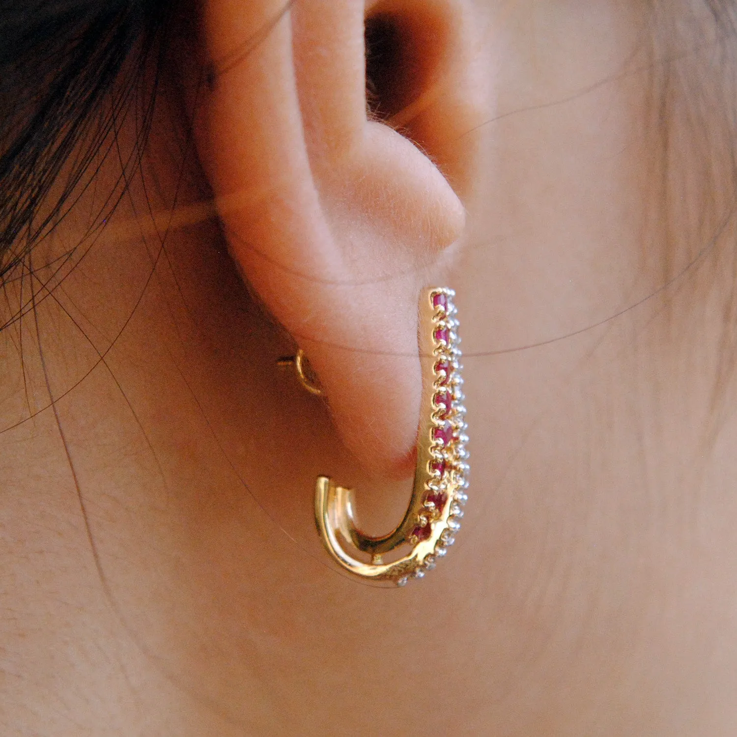 Natural Ruby & Diamond Tapering Huggie Earrings